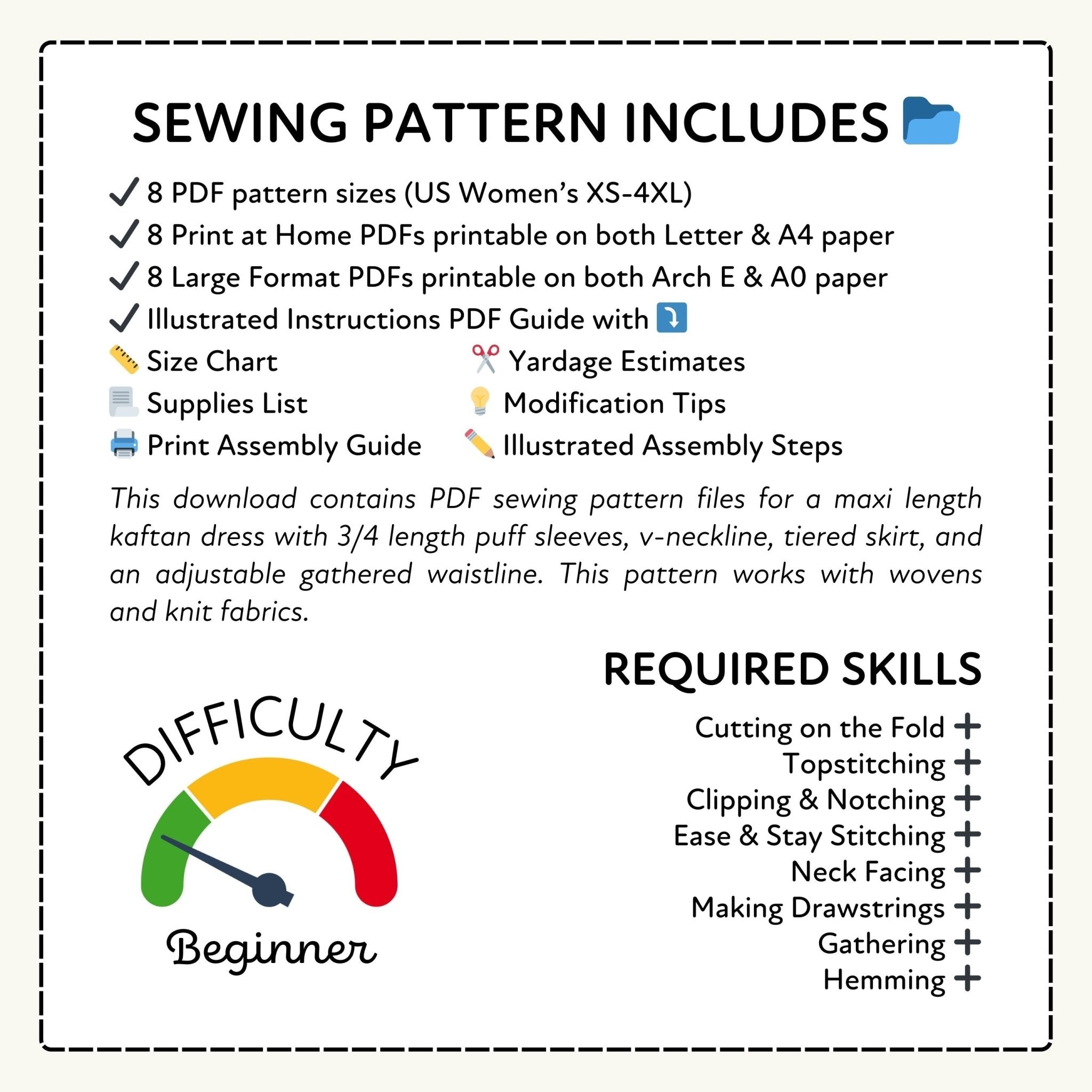 Sewing pattern information with required skills and difficulty level on a white background