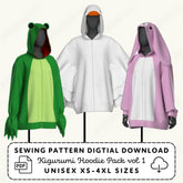 Three hoodies on mannequins with a sewing pattern digital download label.