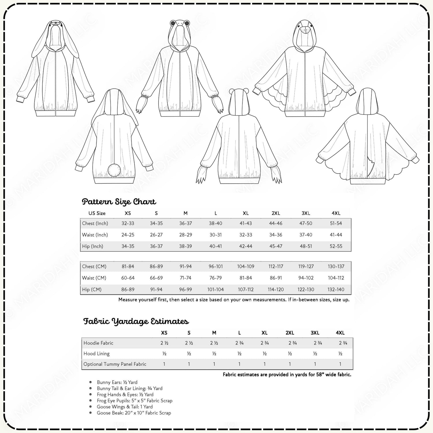 Pattern size chart for a hoodie with measurements and fabric yardage estimates.