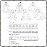 Pattern size chart for a hoodie with measurements and fabric yardage estimates.