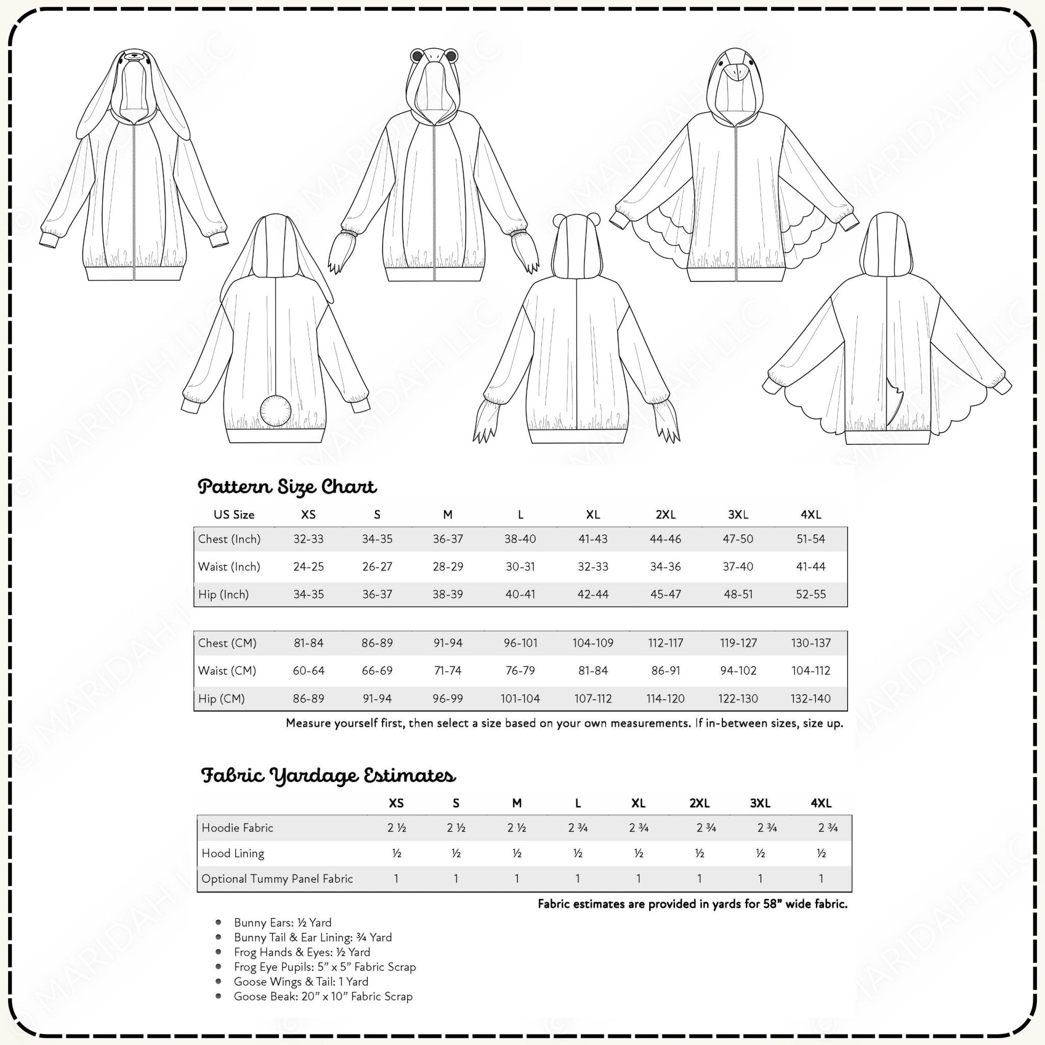 Pattern size chart for a hoodie with measurements and fabric yardage estimates.