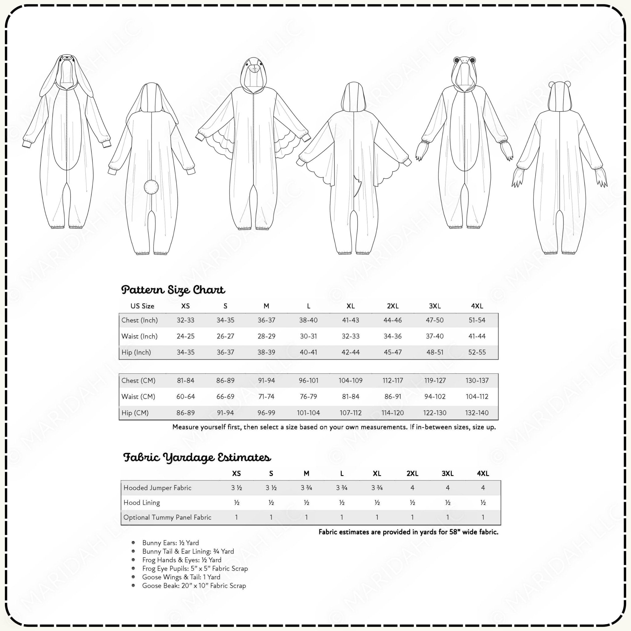Pattern size chart for a hooded jumpsuit with fabric yardage estimates.