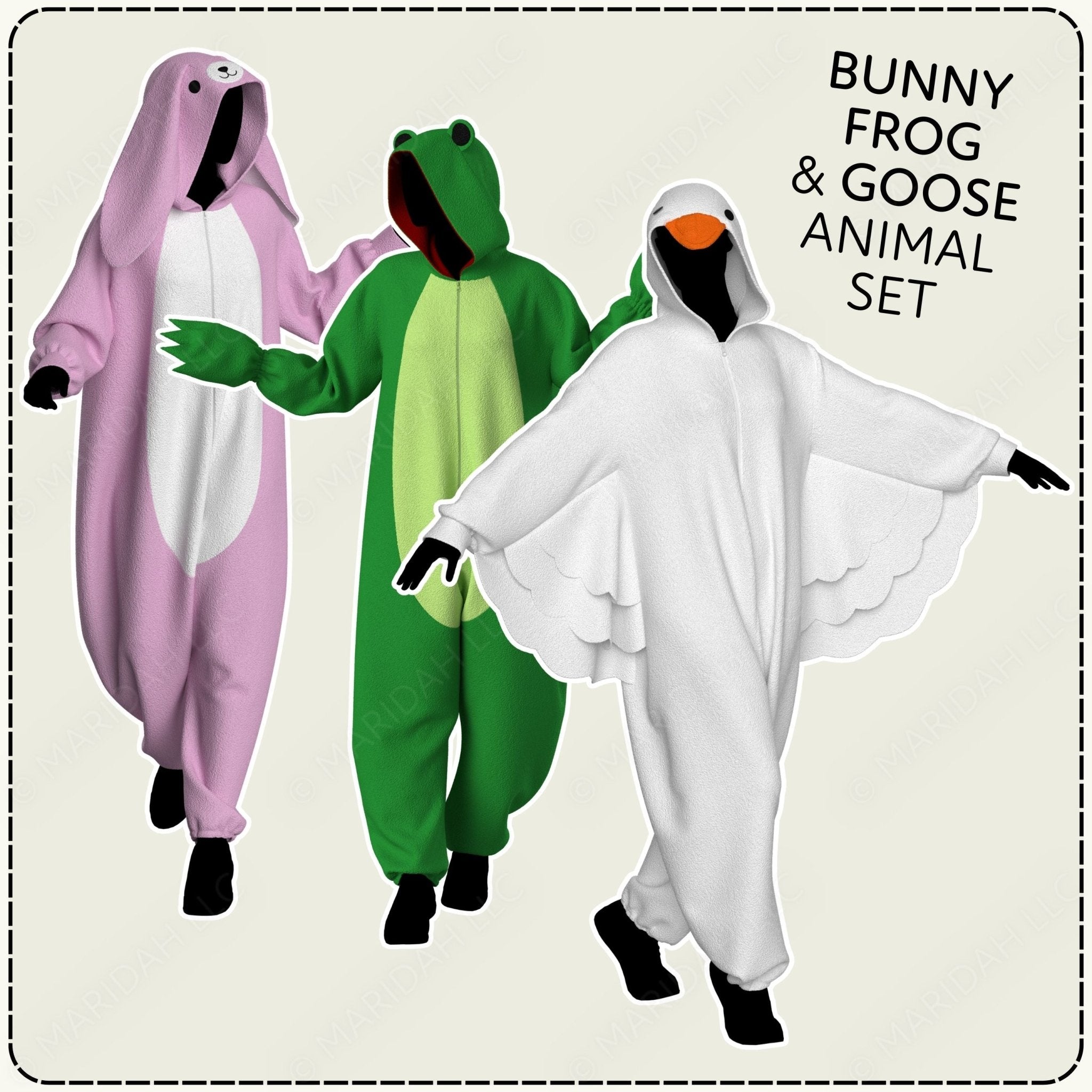 Three animal-themed onesies: pink bunny, green frog, and white goose, on a beige background.