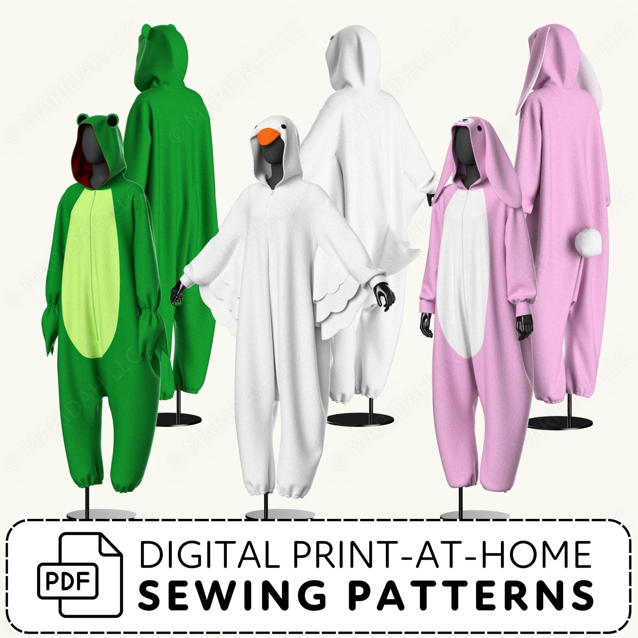 Four animal-themed onesies on mannequins with text about digital print-at-home sewing patterns.