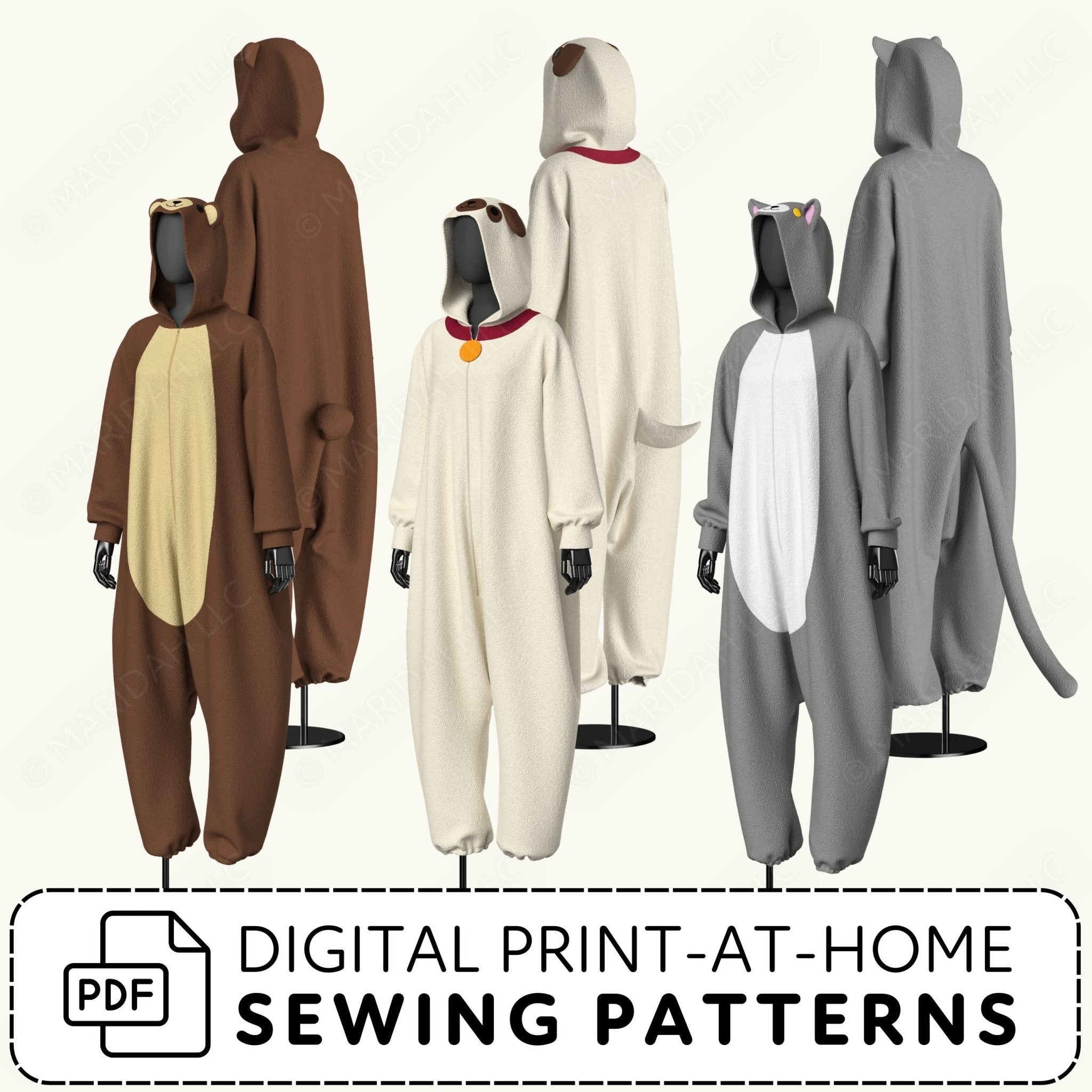 Animal-themed onesies in brown, white, and gray on a white background with text about digital print-at-home sewing patterns.