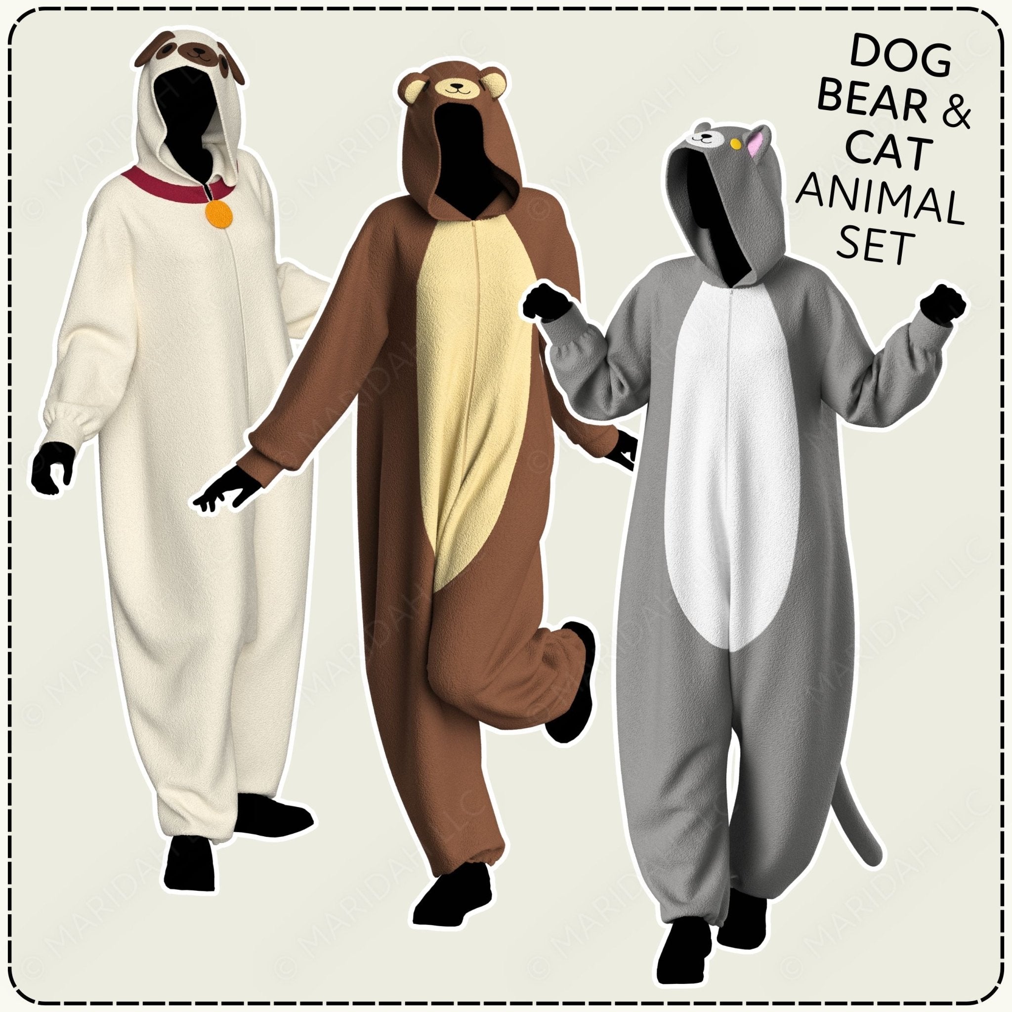 Three animal-themed onesies: dog, bear, and cat, on a plain background.