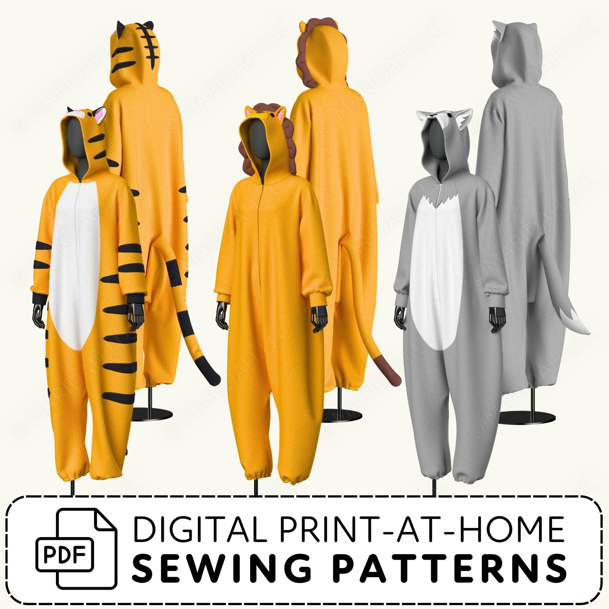 Two animal-themed onesies, one tiger and one bear, on mannequins with text about digital print-at-home sewing patterns.