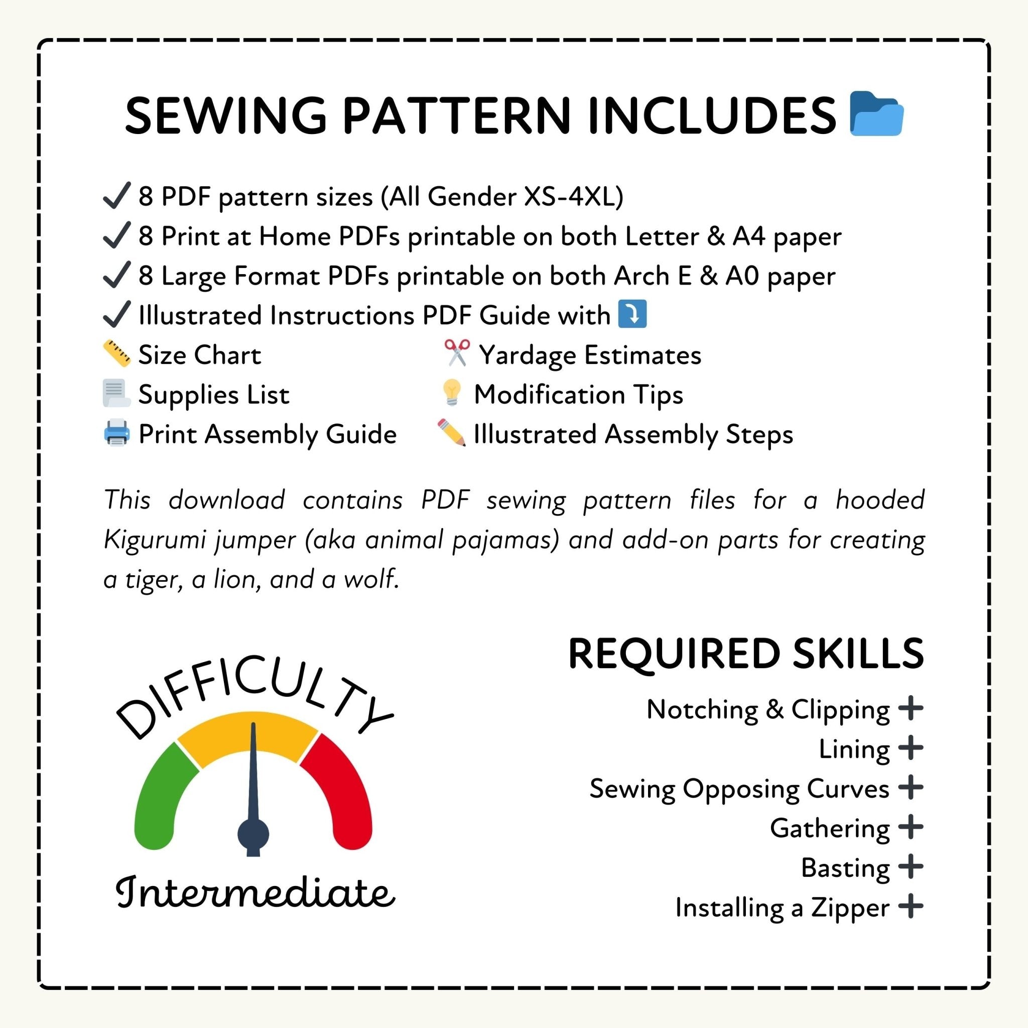 a sewing pattern that includes various sewing pattern files for creating a tiger, lion, and wolf, along with a list of required sewing skills.