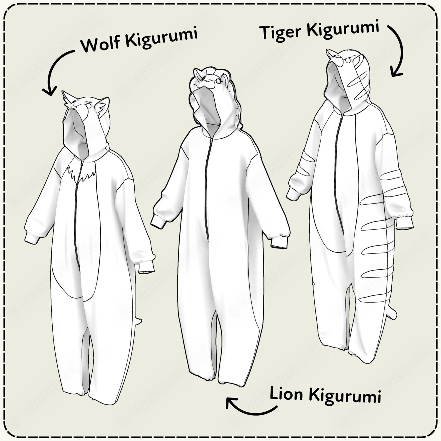 three animal costumes: a wolf, a tiger, and a lion.