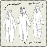 three animal costumes: a wolf, a tiger, and a lion.