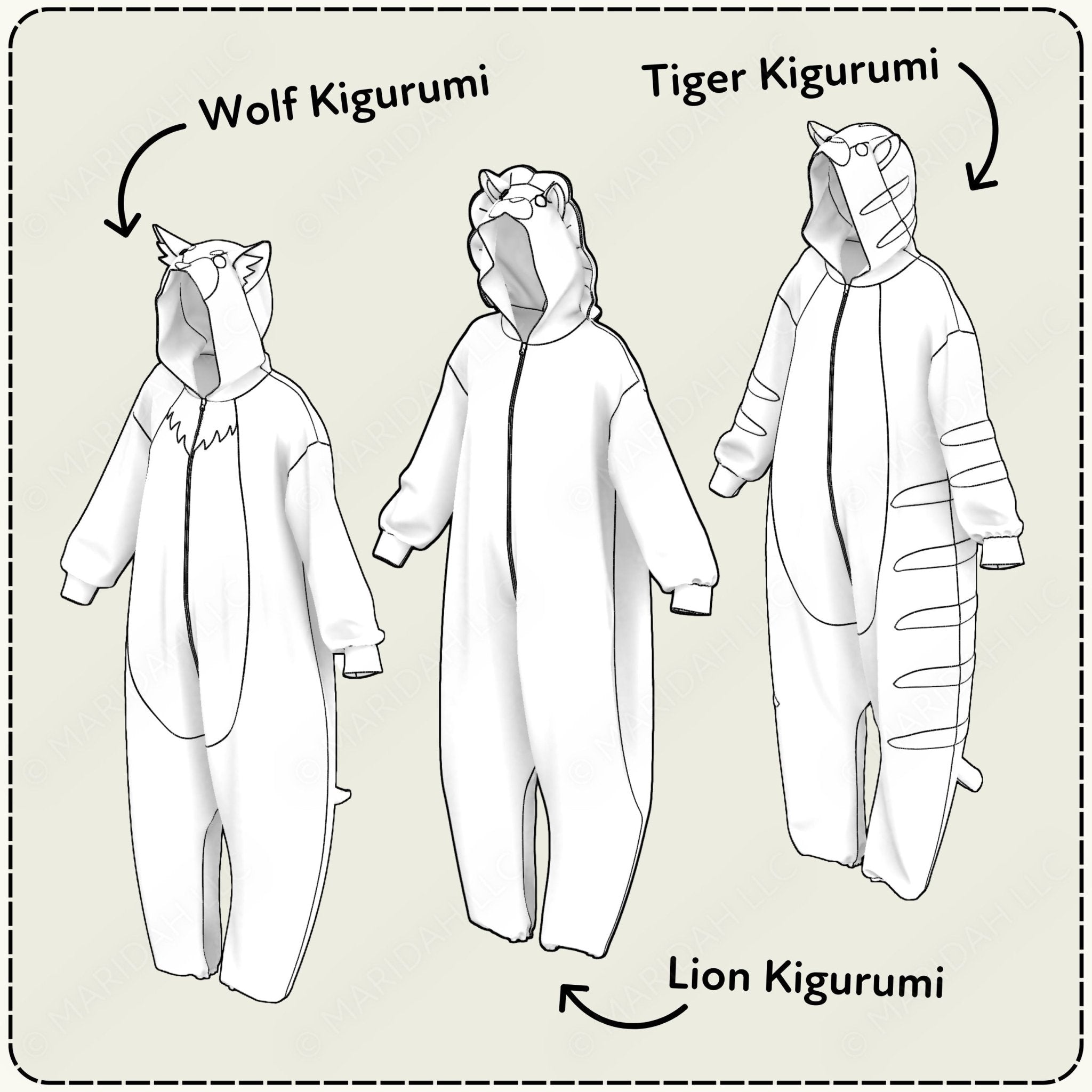 Illustrations of wolf, tiger, and lion kigurumi costumes on a beige background.