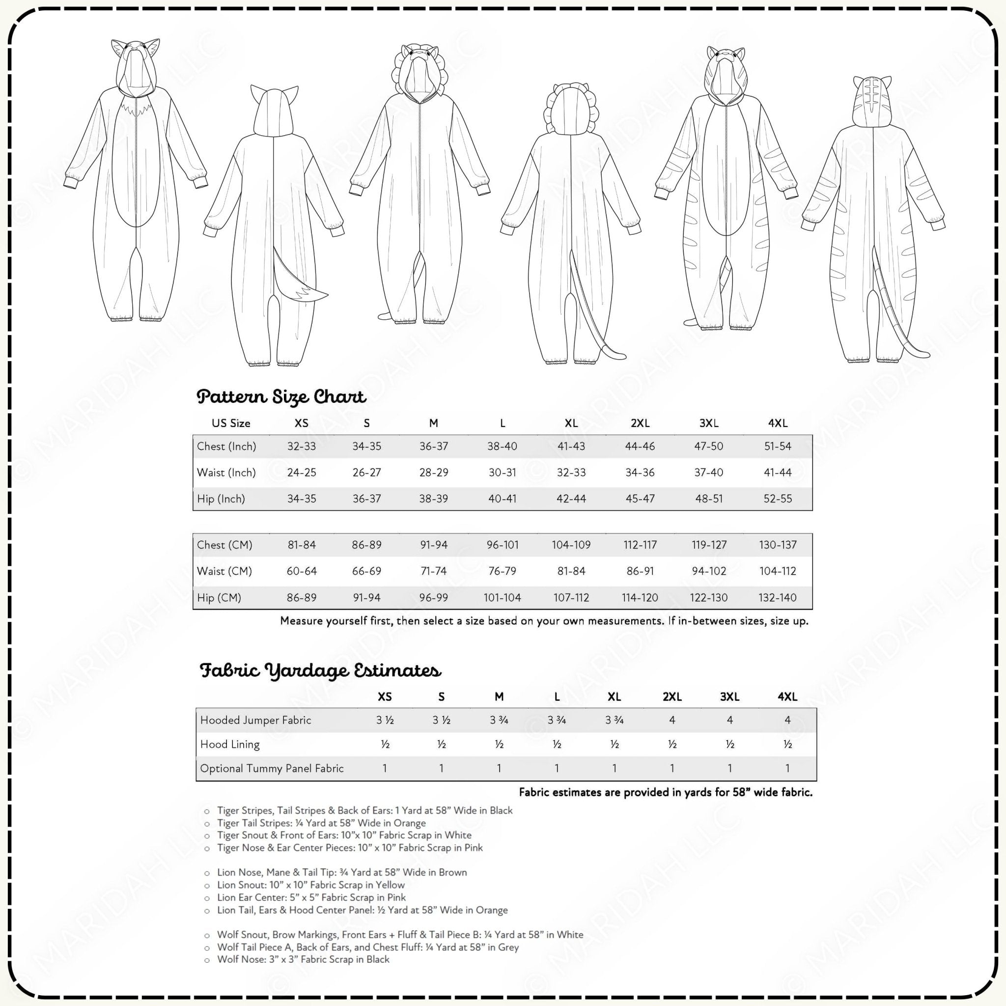Pattern size chart for a onesie with fabric yardage estimates on a white background