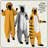 three people wearing animal costumes: a lion, a wolf, and a tiger.