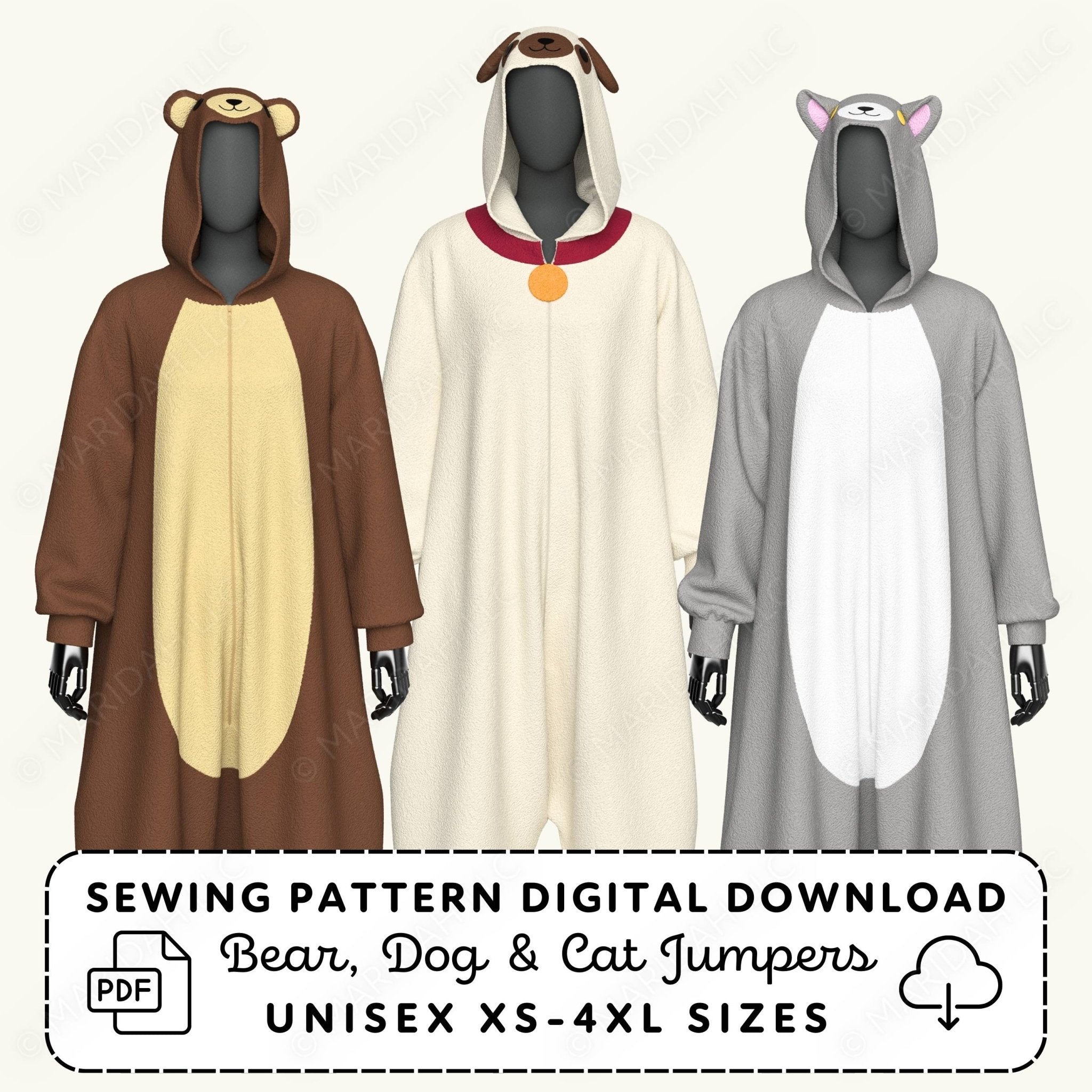 Three animal-themed onesies on a white background with sewing pattern digital download text.