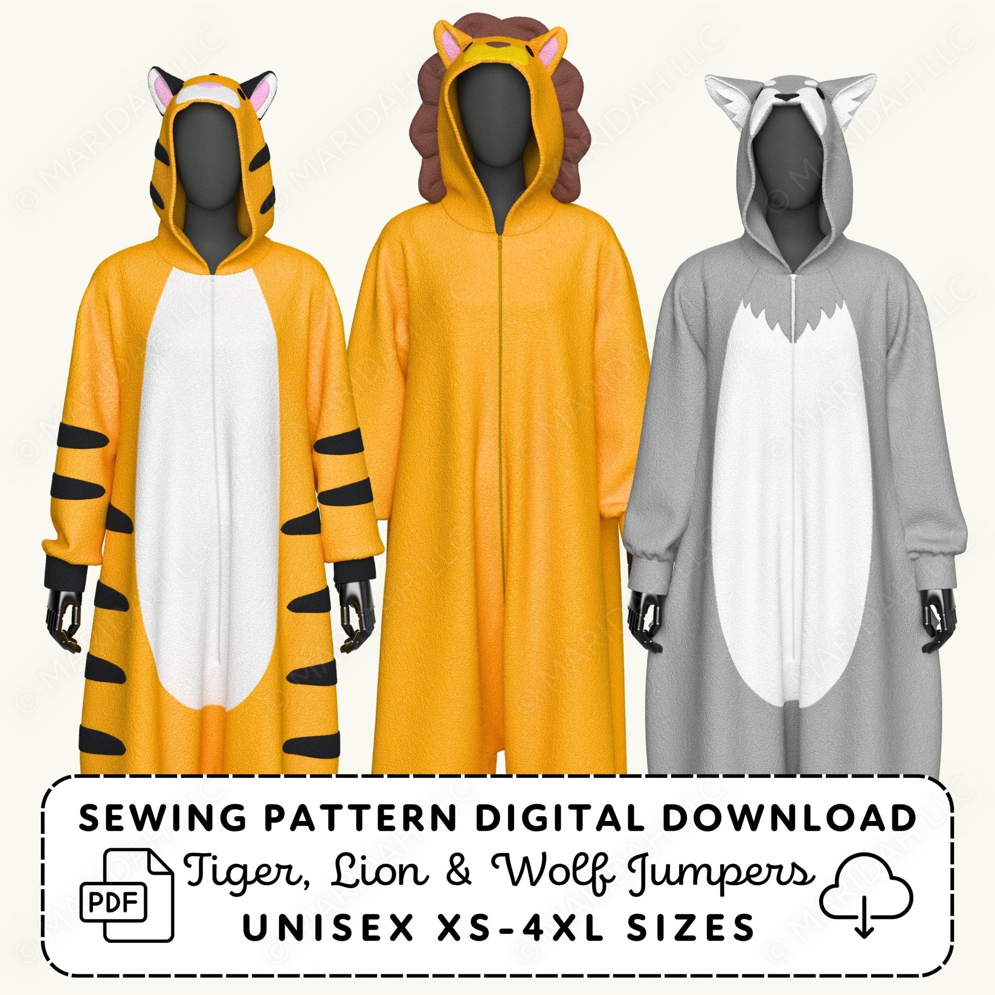 Three animal-themed onesies (tiger, lion, and wolf) with a sewing pattern digital download text overlay.