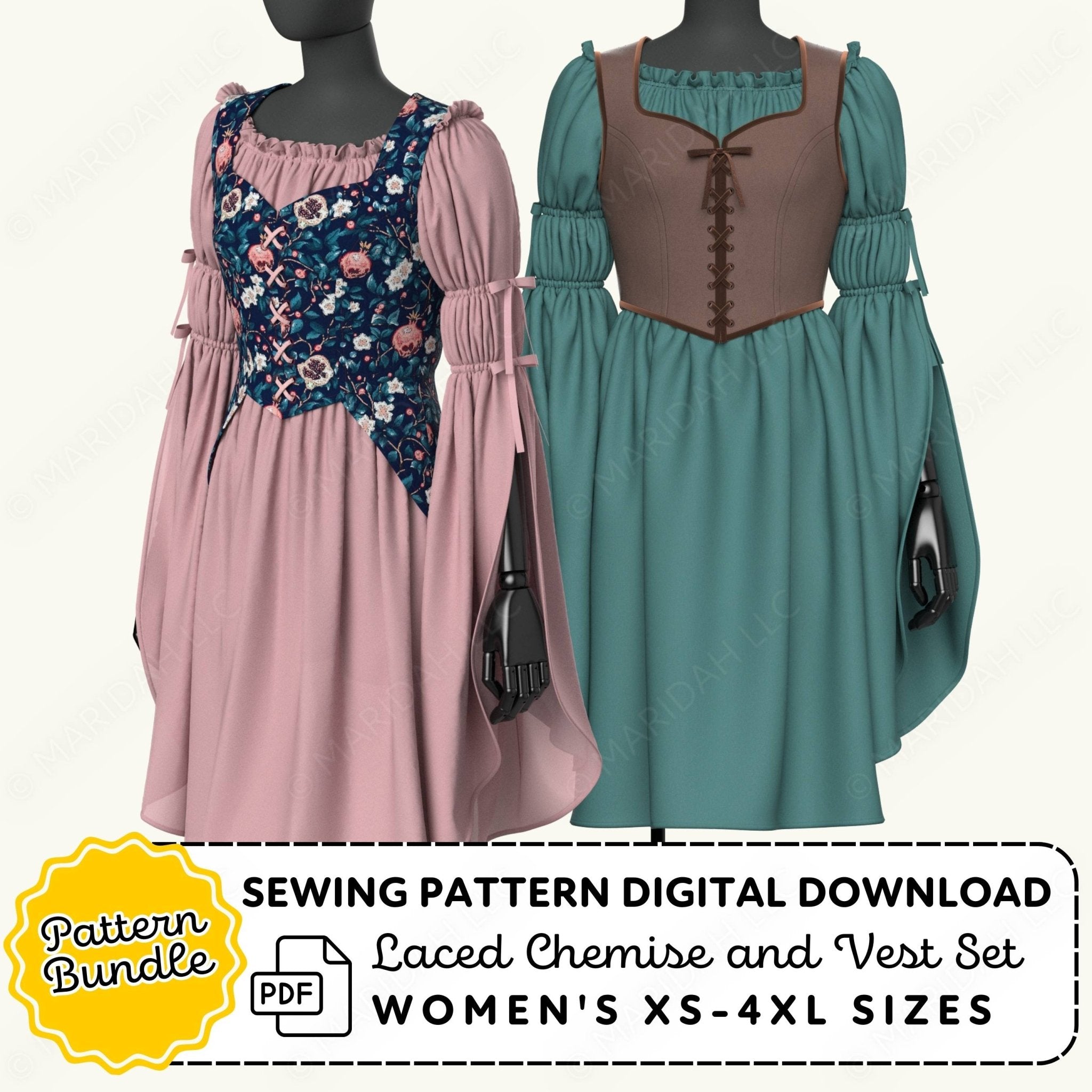 Two dresses on mannequins with sewing pattern digital download text.