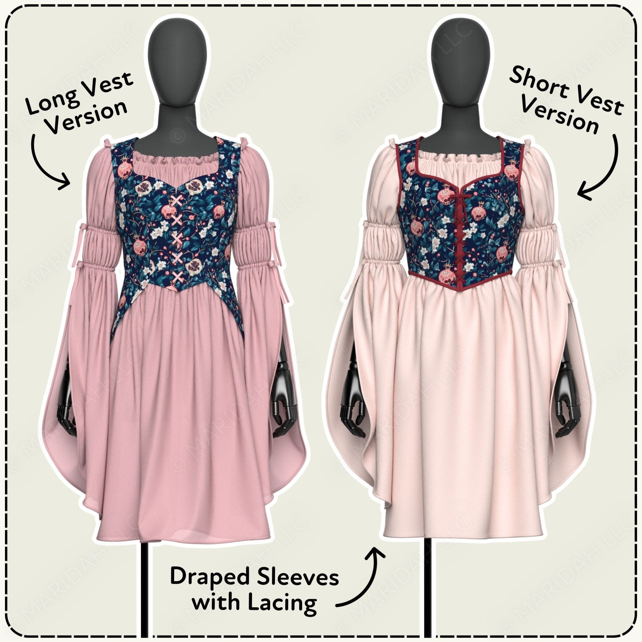 Two mannequins wearing dresses with floral tops and pink skirts, labeled &