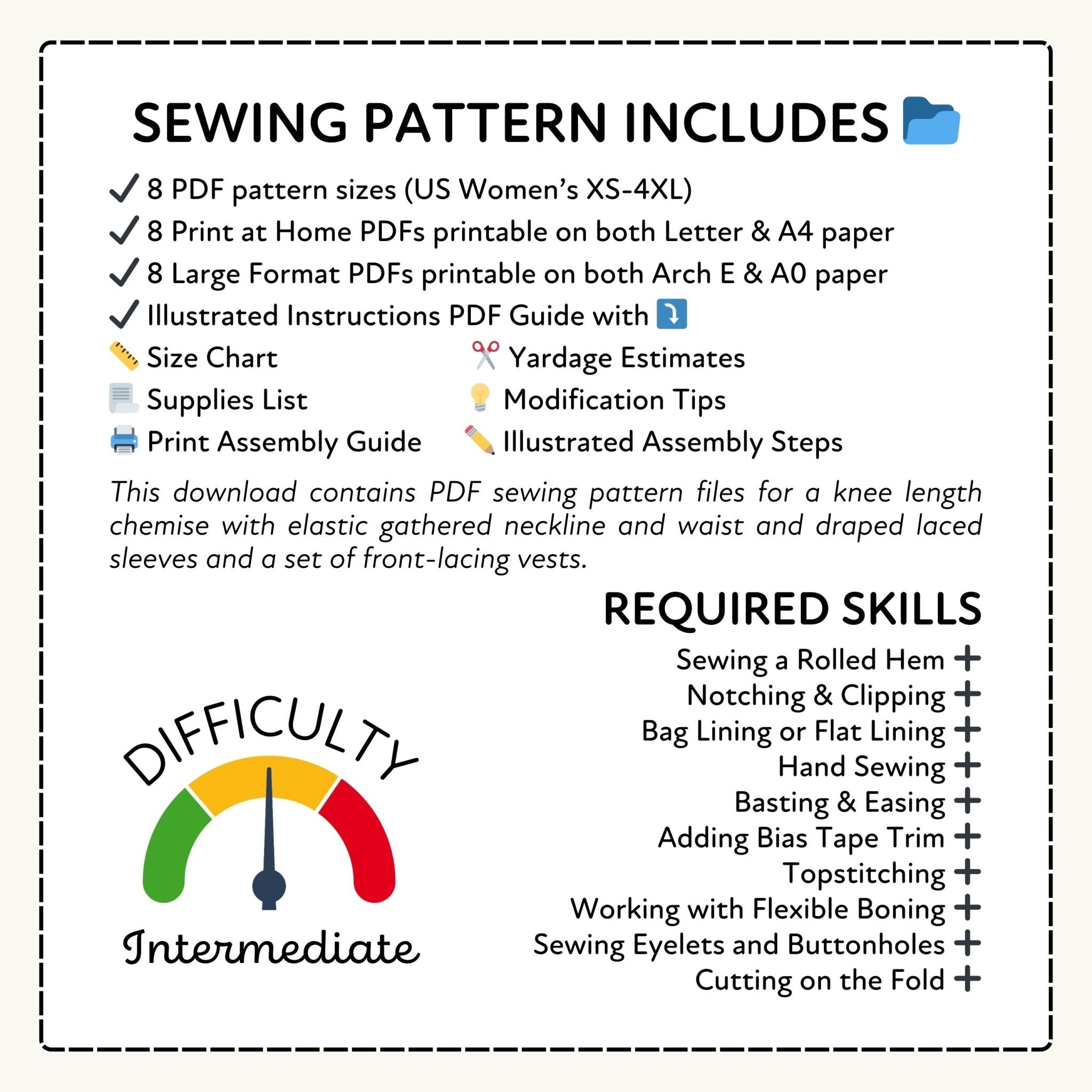 Sewing pattern information with required skills and difficulty level on a white background