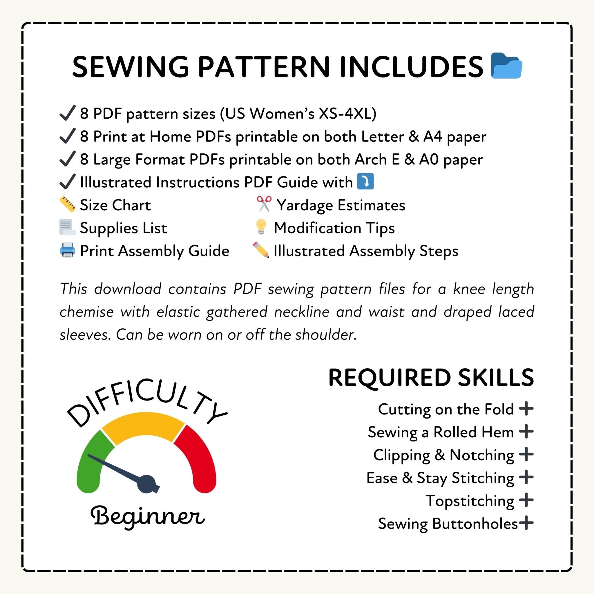 Sewing pattern information with PDF sizes, formats, and required skills listed.