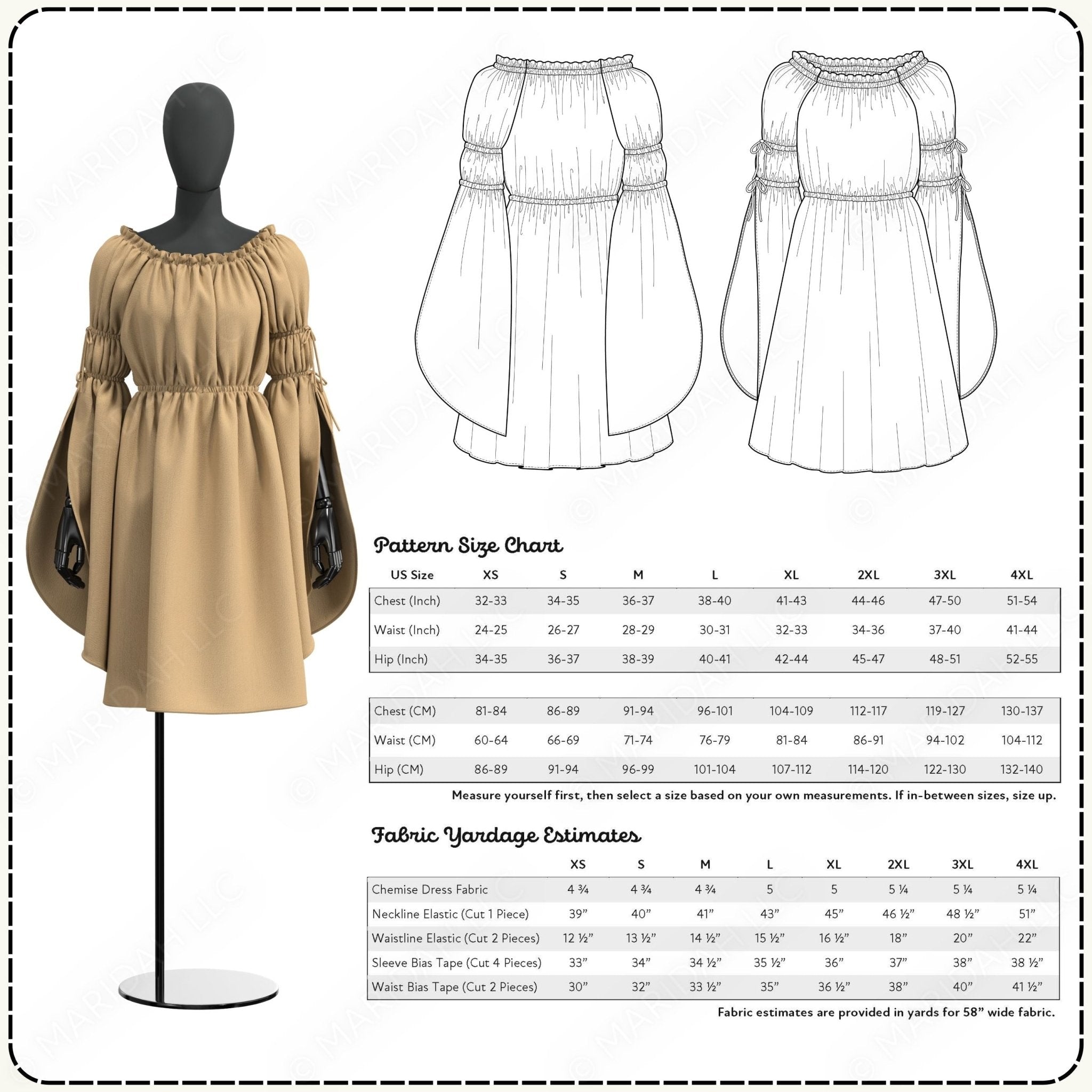 a pattern size chart and fabric yardage estimations for a dress, including details such as US Size, Pattern Size Chart, and measurements for various dress components like waist, hips, chest, neckline, sleeve length, and waist tape.