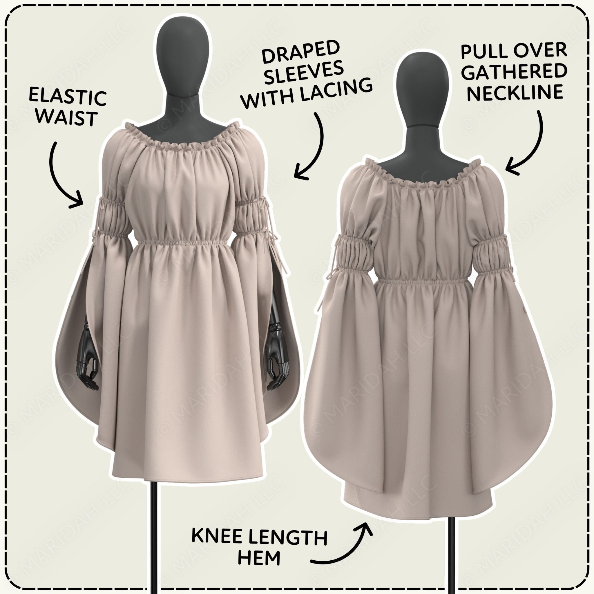 two dresses with different sleeve styles, including a draped sleeve with lacing and a pull-over gathered neckline. The dresses are displayed on mannequins, and there are annotations indicating the sleeve style and the knee length of the dress.
