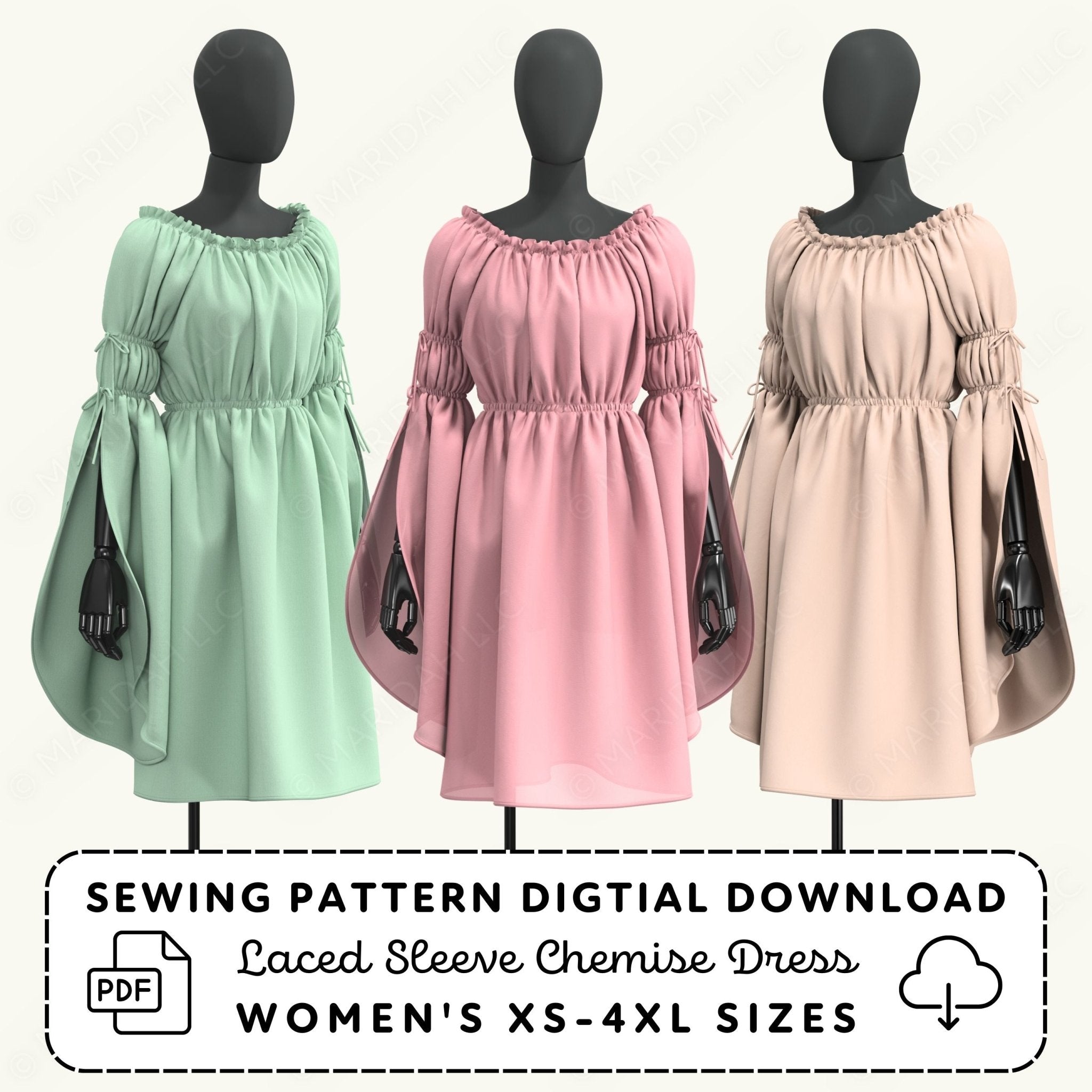 three mannequins wearing dresses in different colors: green, pink, and beige.