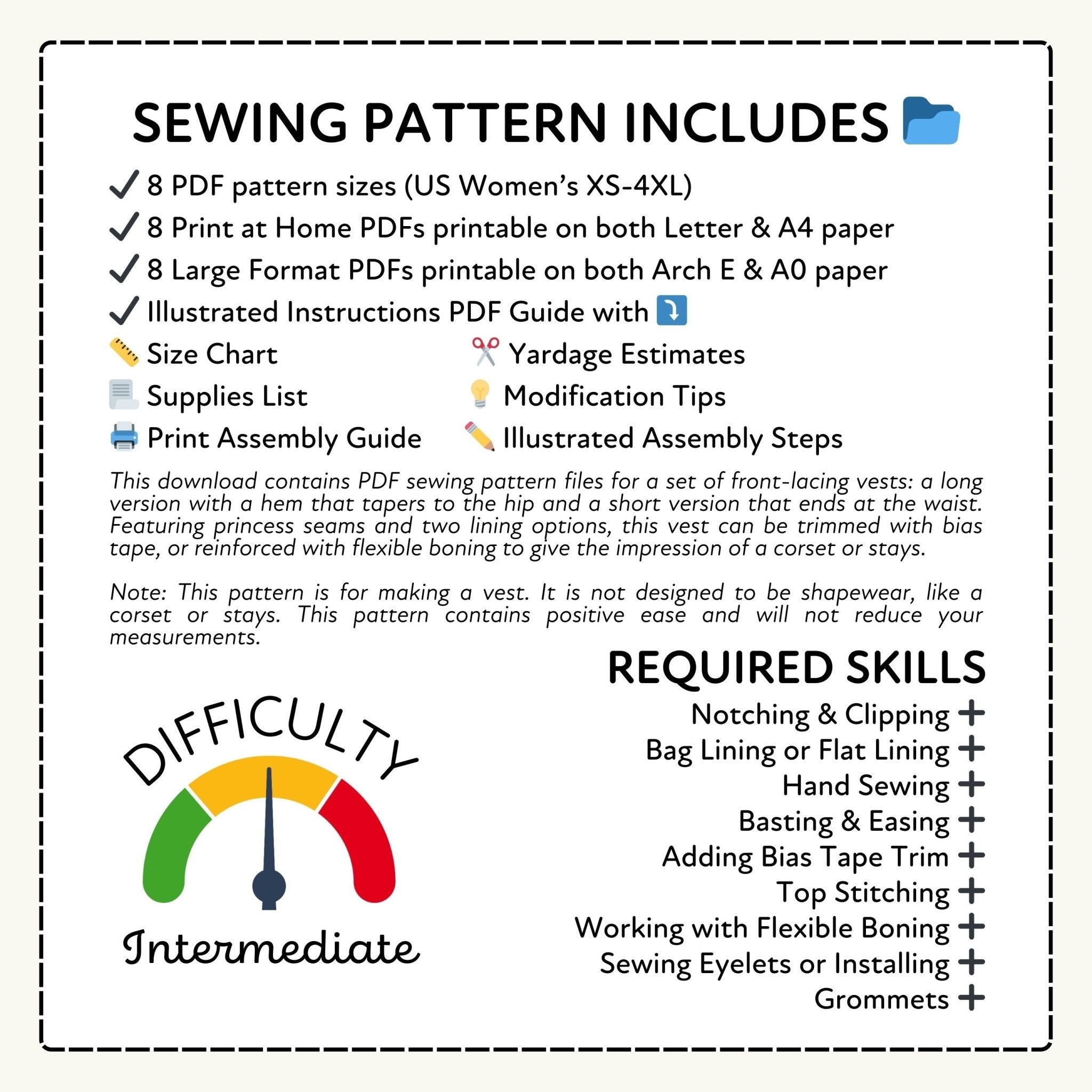 Sewing pattern information sheet with text and icons on a white background