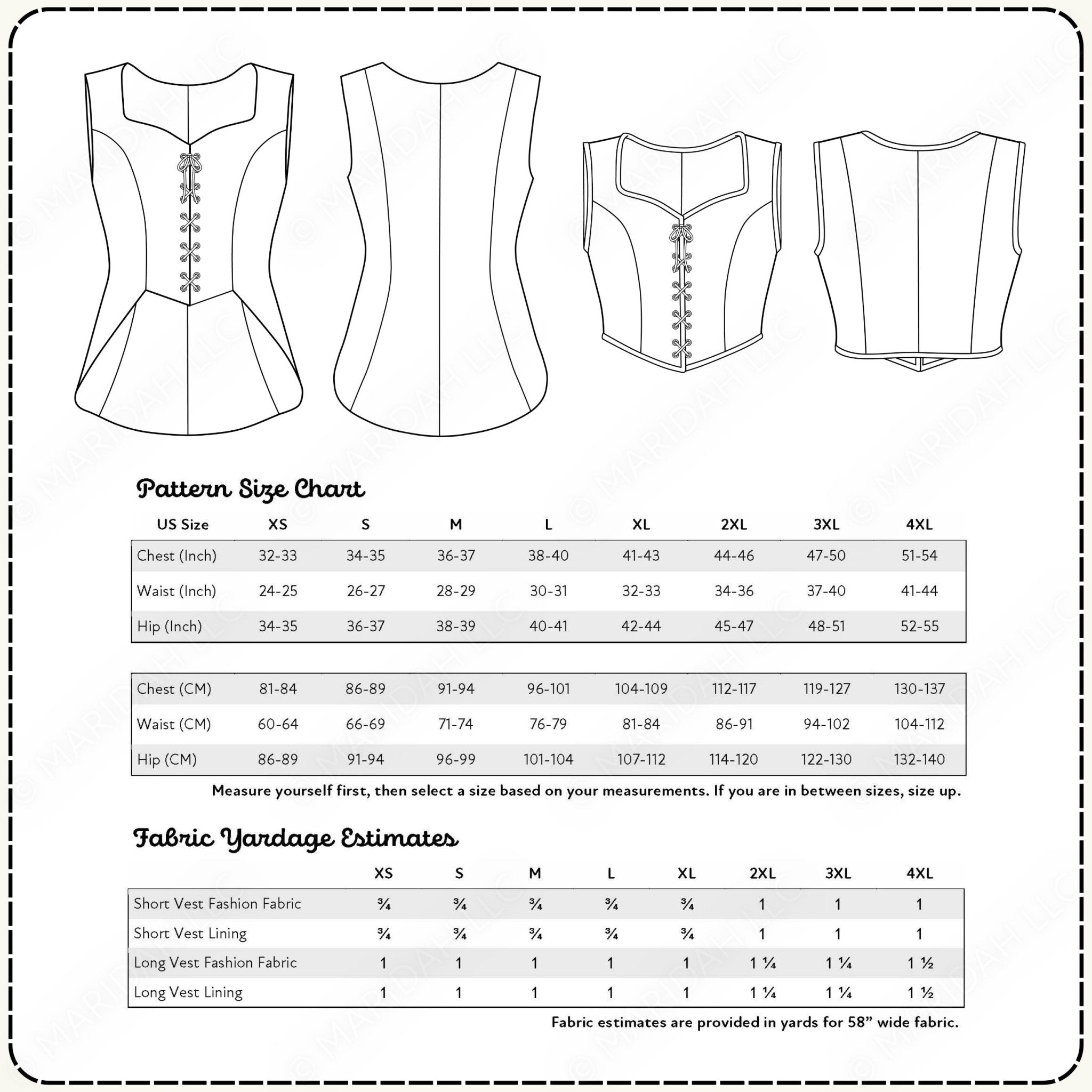 a pattern size chart and fabric yardage estimators for a corset, waist, and hip. The chart provides sizes for different measurements, such as chest, waist, and hip, and the fabric yardage estimators provide the amount of yards needed for a 58th fabric.