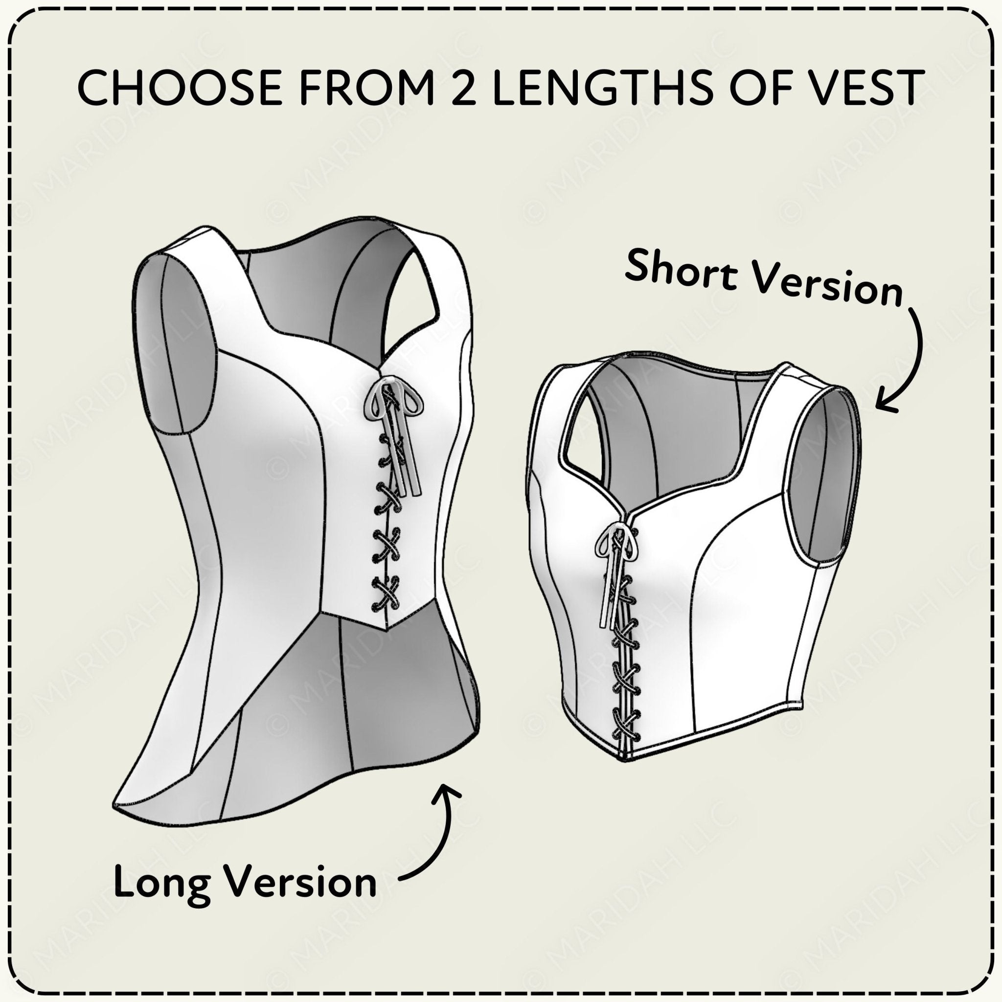 two different versions of a corset, one long and one short, with arrows pointing to the short version to indicate it is a short version.
