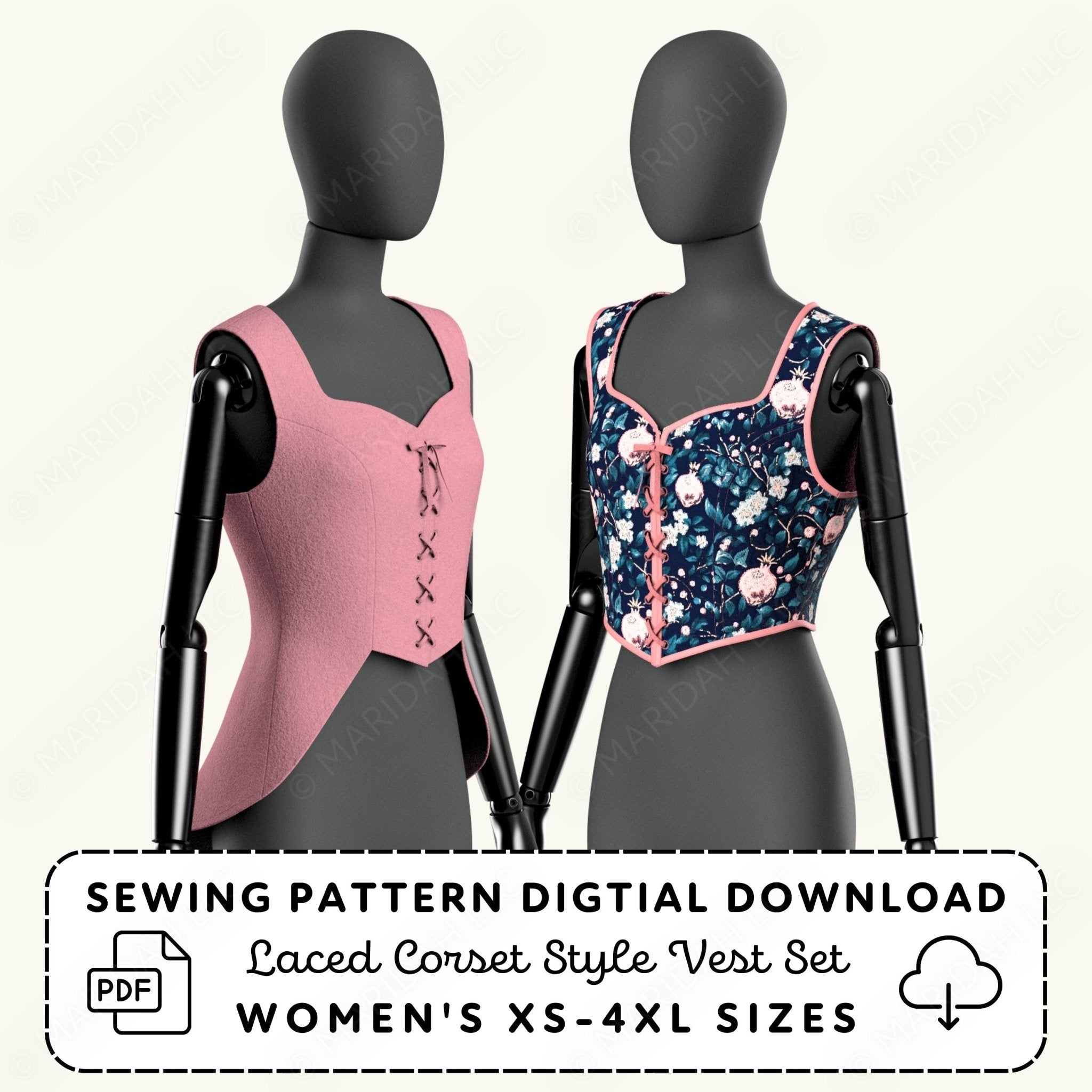 two mannequins wearing different colored vests, one pink and one blue with a floral pattern.
