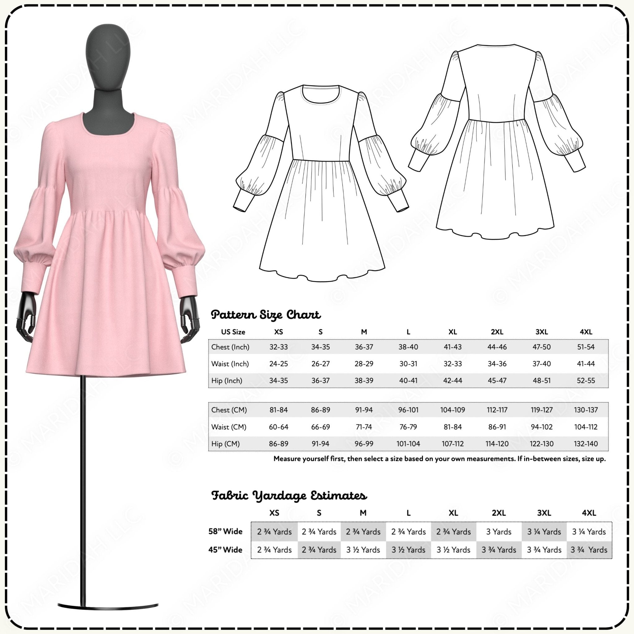 Pink dress on a mannequin with pattern size chart and fabric yardage estimates.