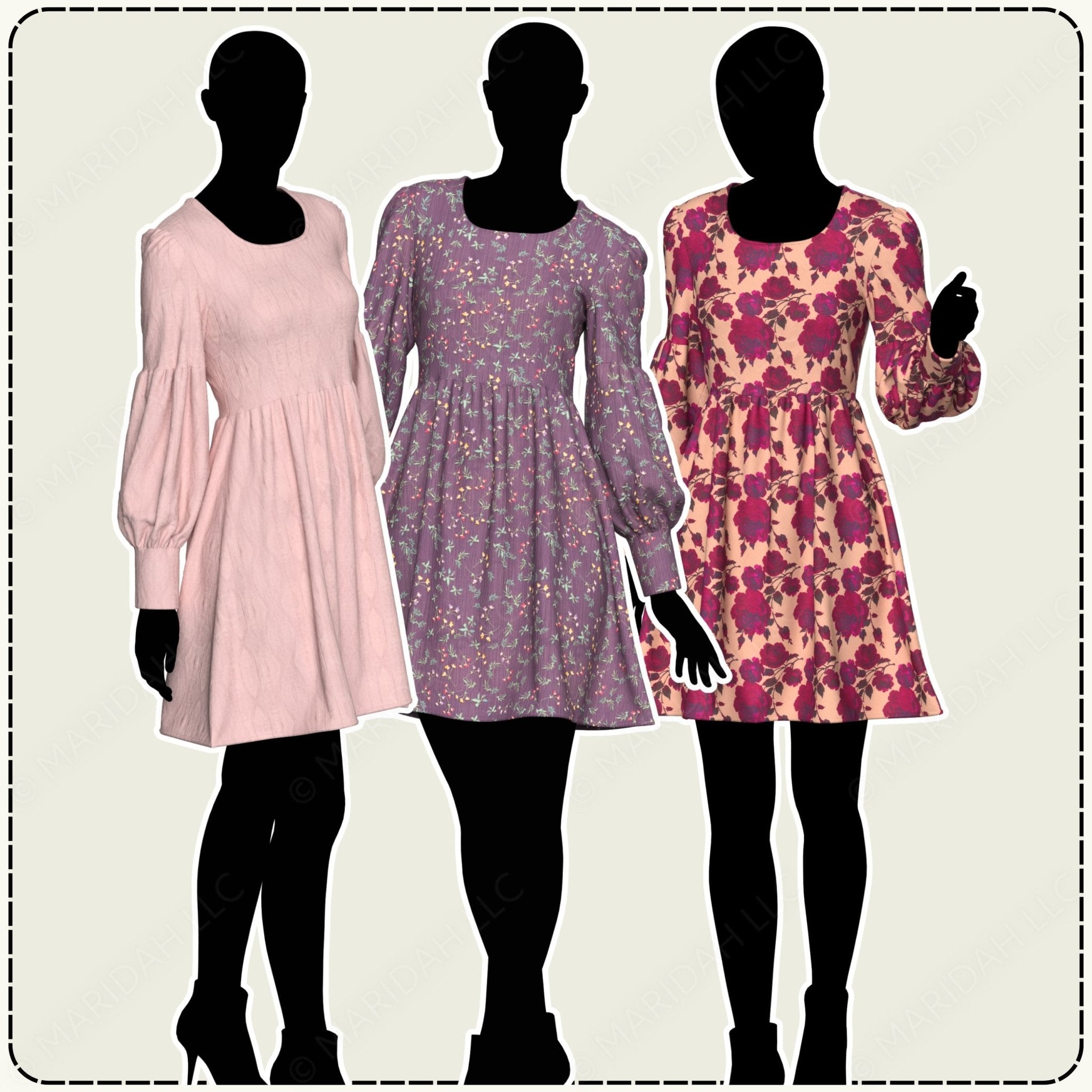Three mannequins wearing different patterned dresses on a plain background