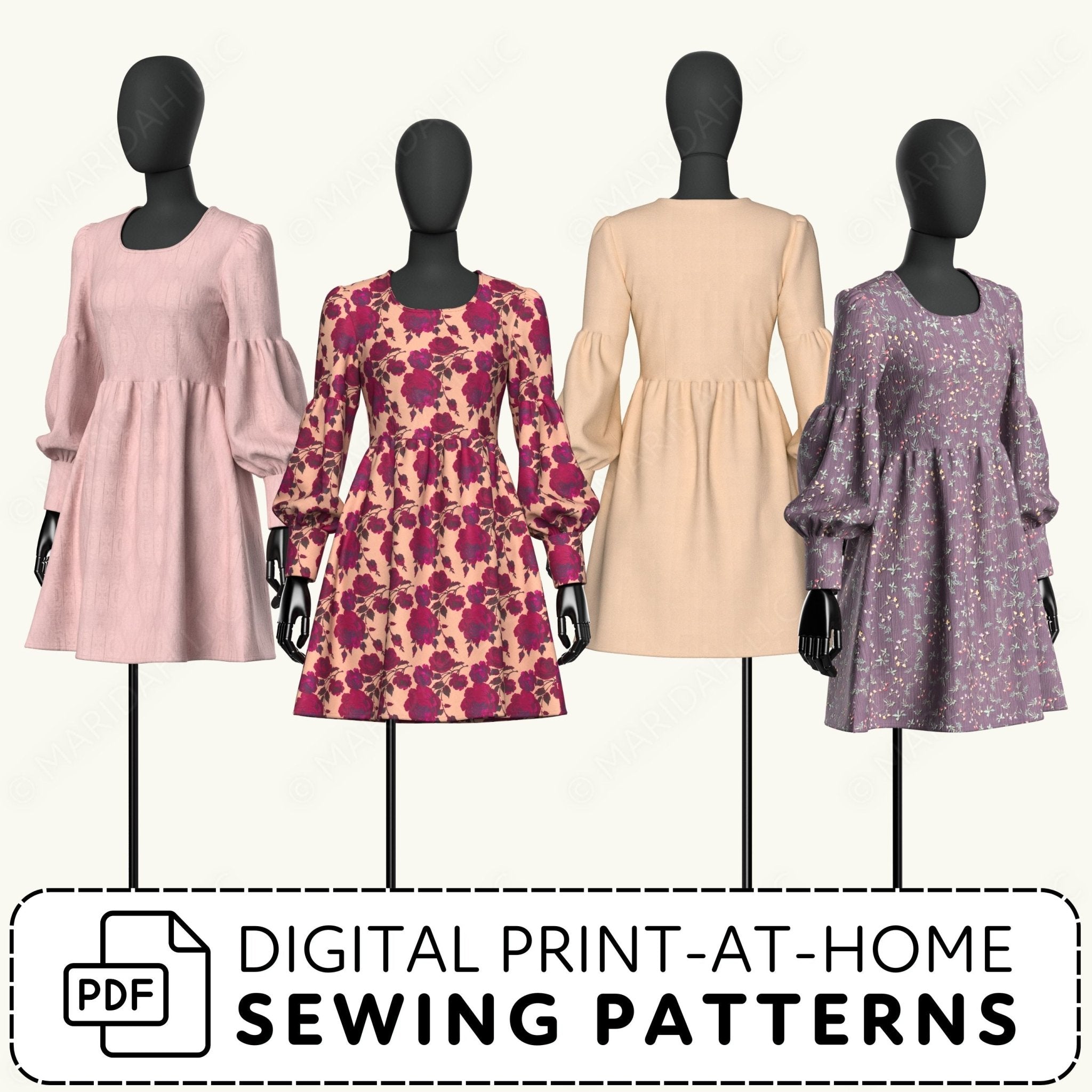 Four mannequins wearing dresses with digital print-at-home sewing patterns text overlay.