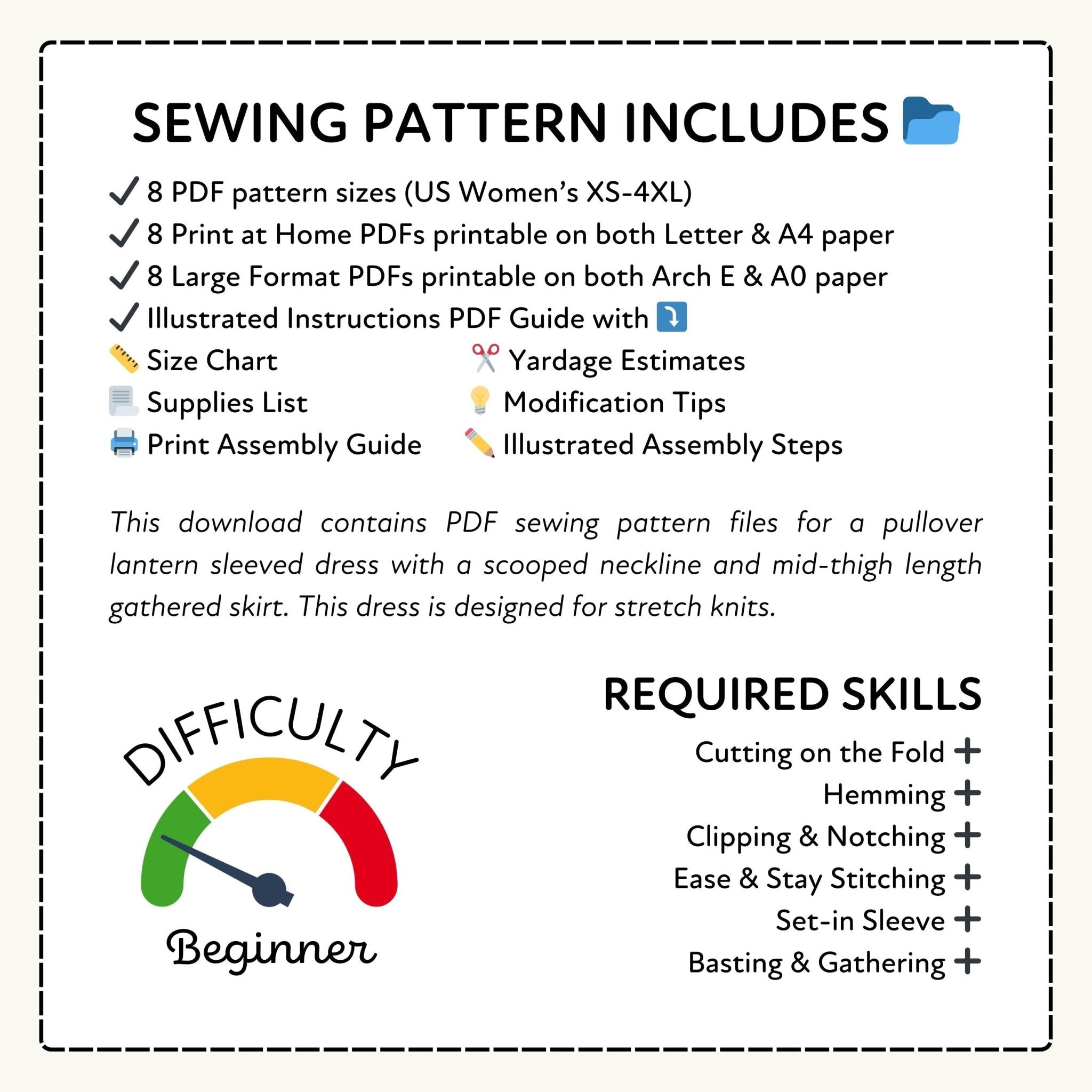 Sewing pattern information with difficulty rating and required skills listed.
