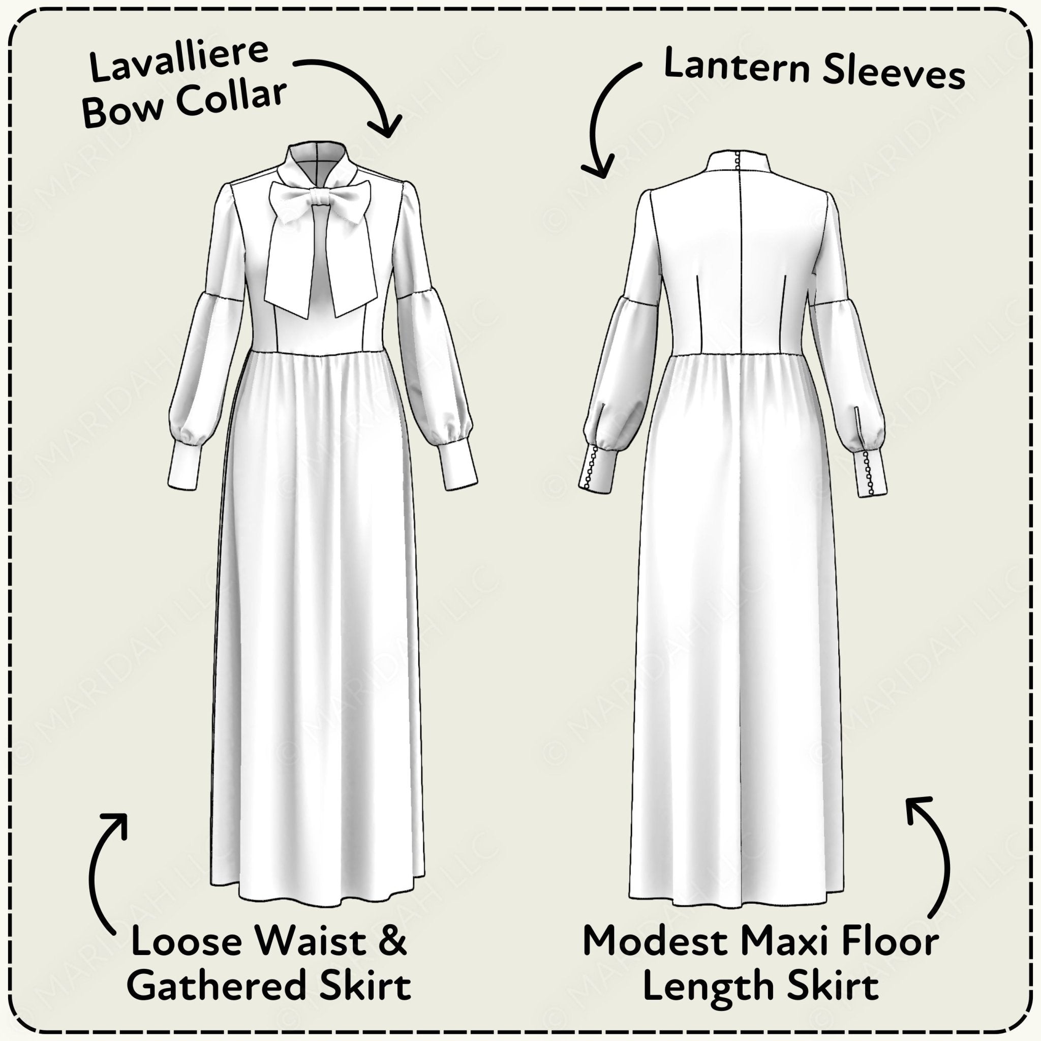 Fashion diagram of a white dress with labeled features on a beige background