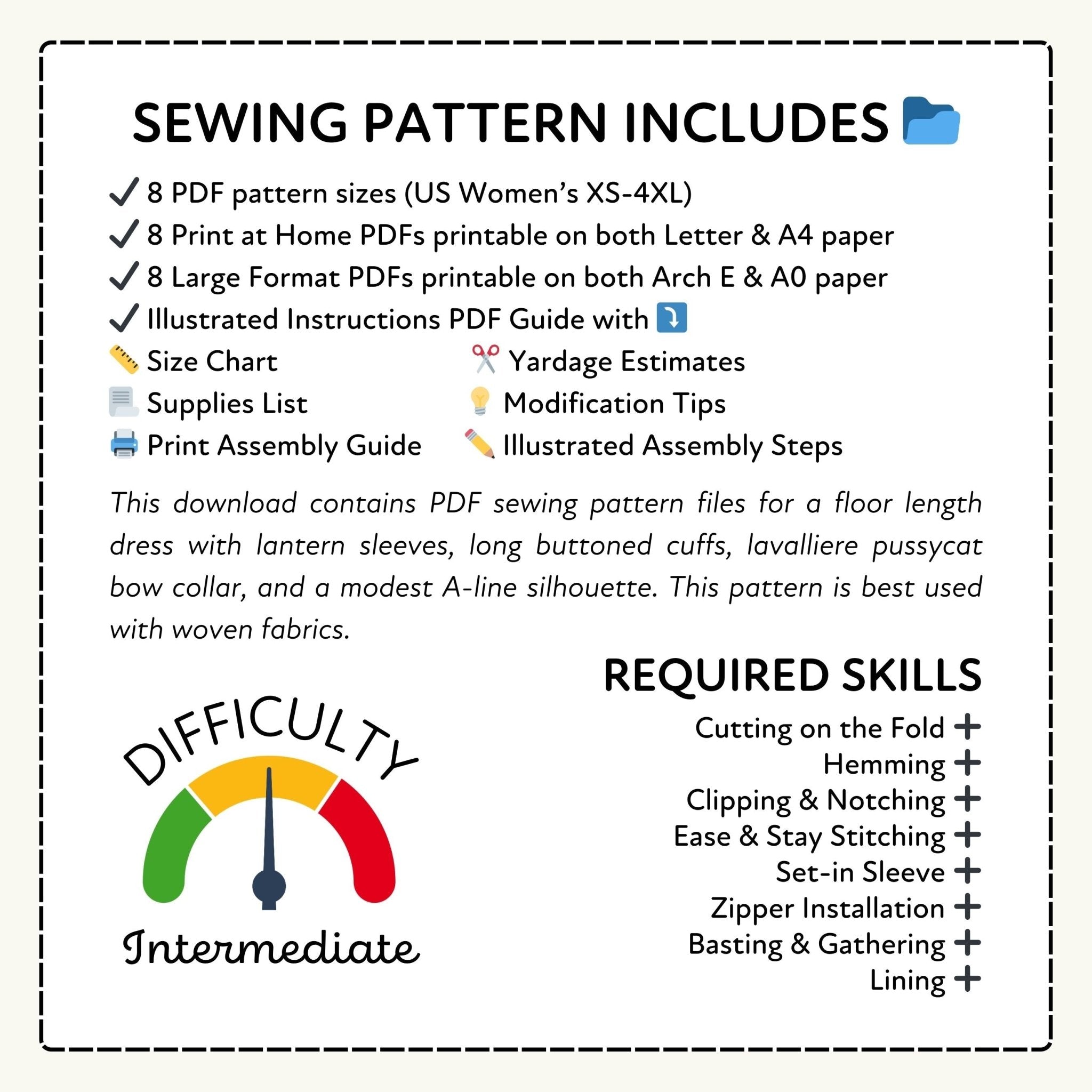 Sewing pattern information sheet with details on included content and required skills.