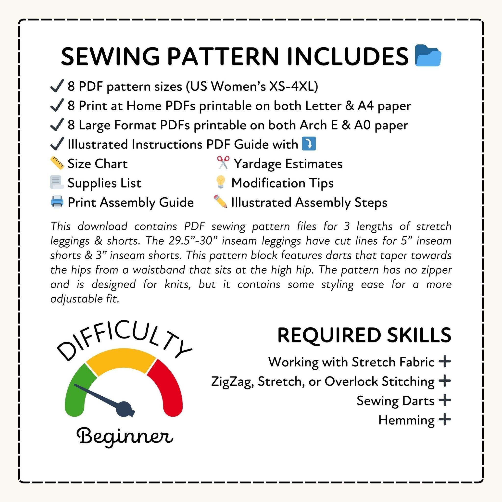 Sewing pattern information sheet with text and icons on a white background