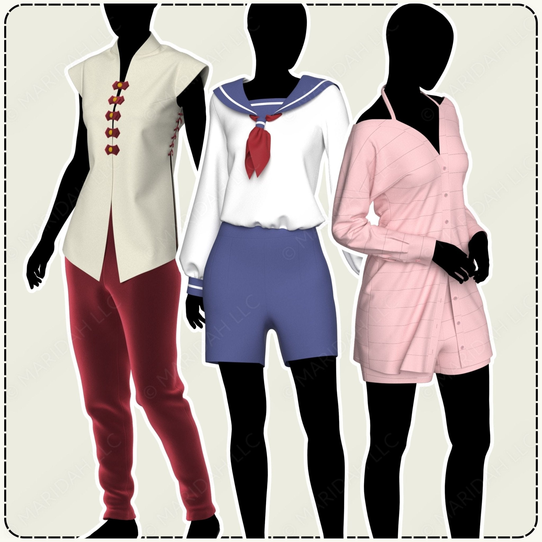 Three mannequins wearing different outfits on a plain background