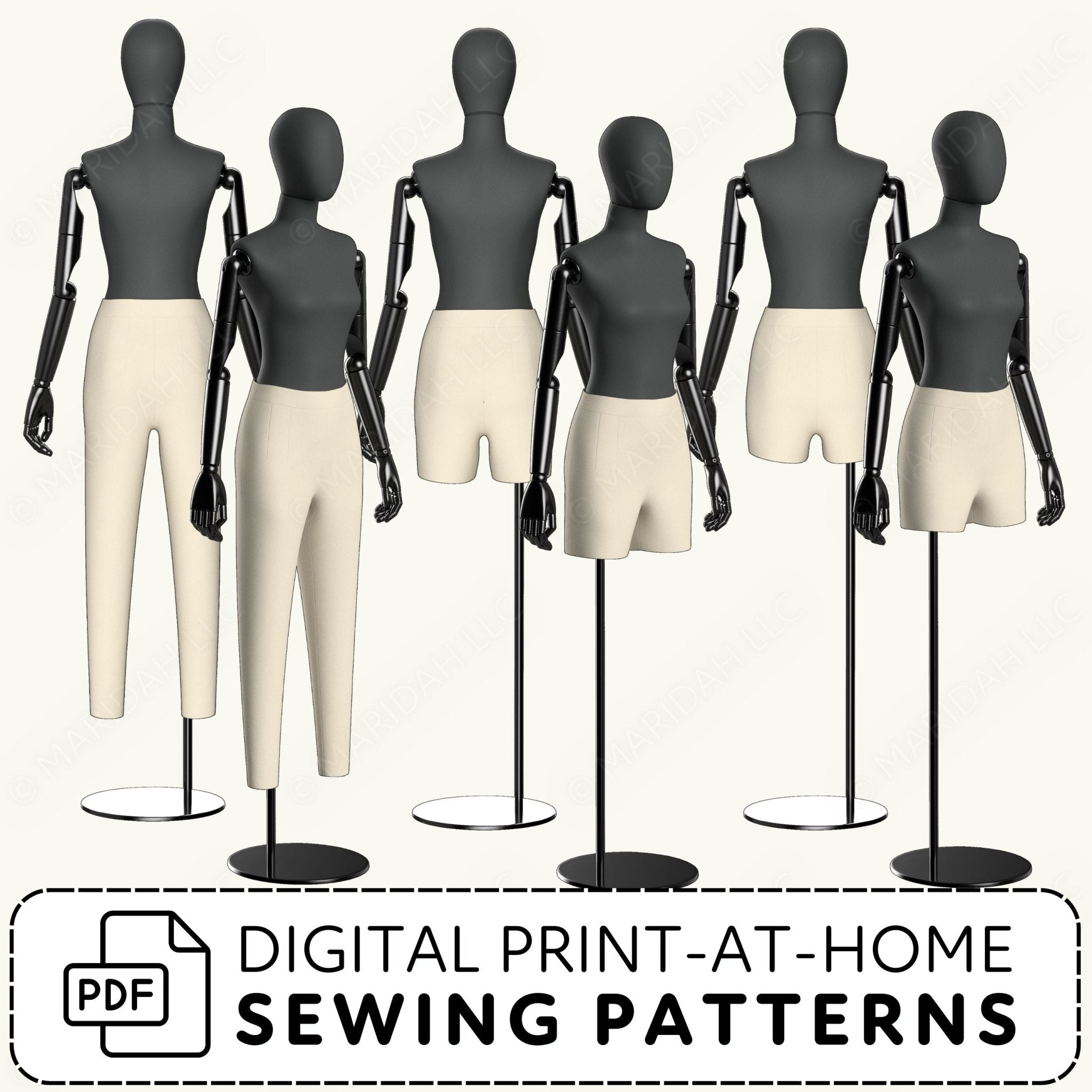 Mannequins with beige outfits on black stands with digital print-at-home sewing patterns text.