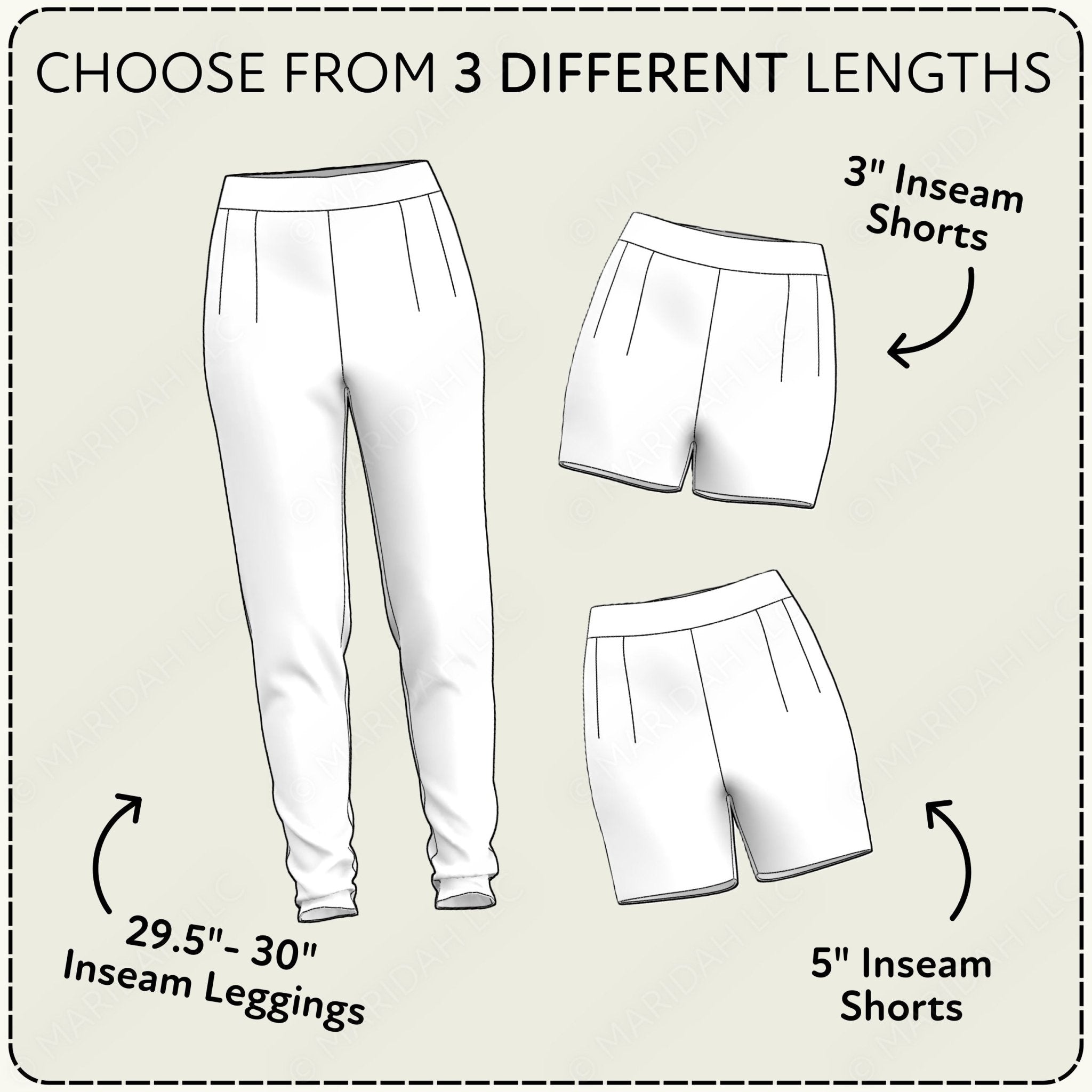 Illustration of white leggings and shorts with inseam measurements on a beige background