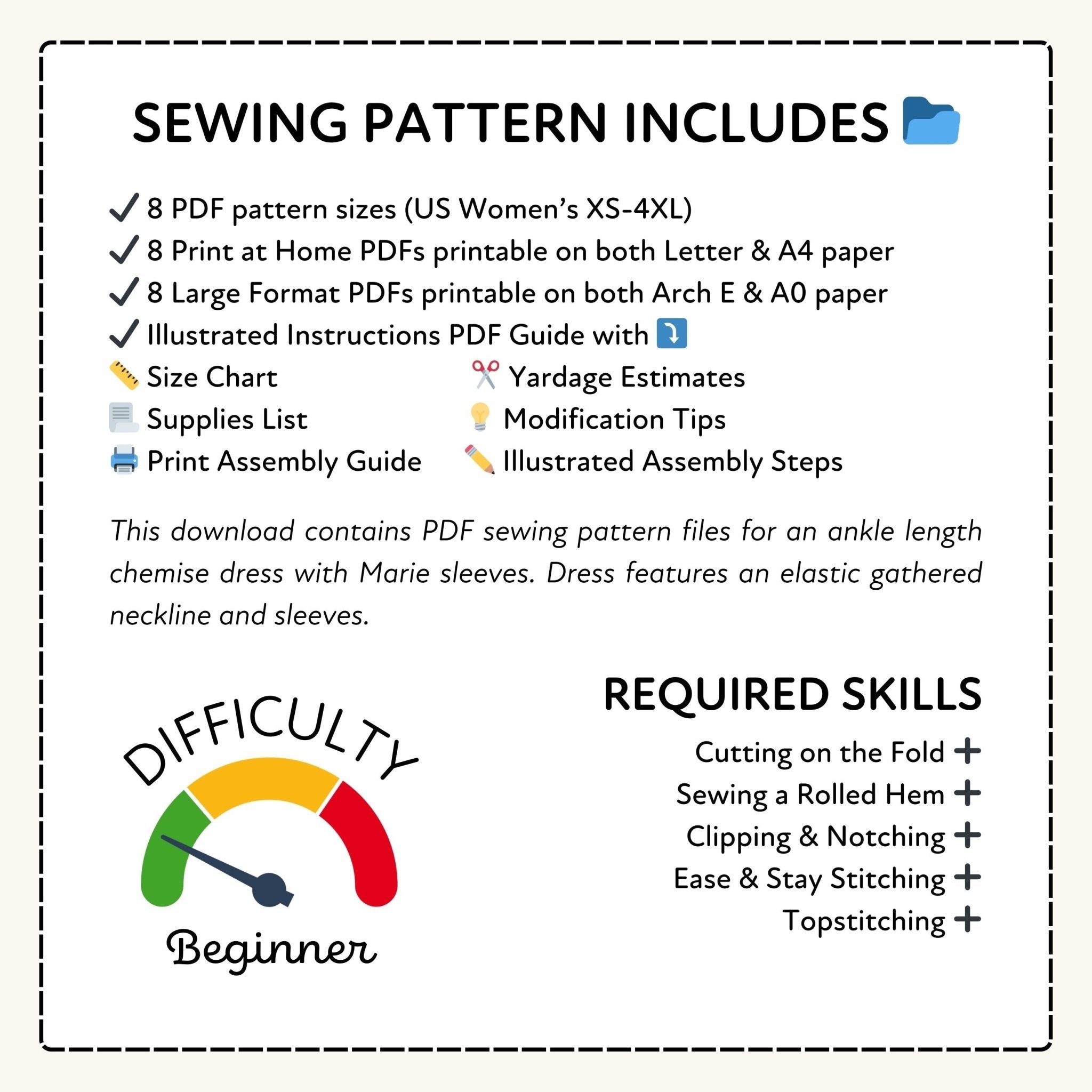 Sewing pattern information with difficulty rating and required skills listed.