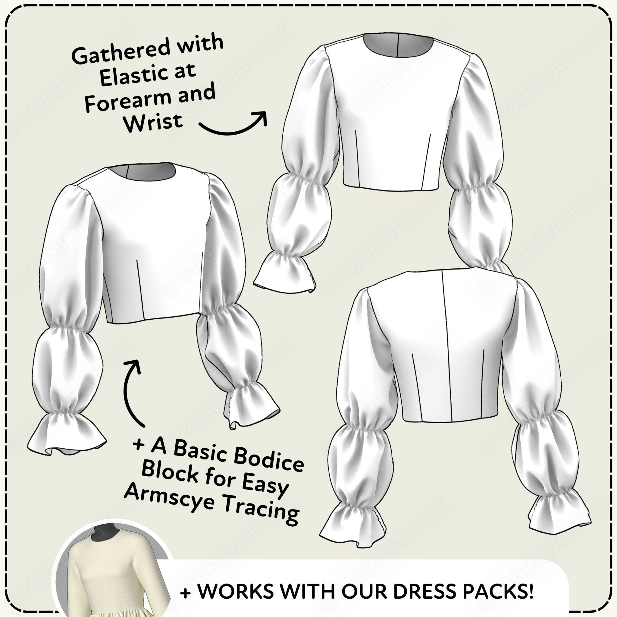 Technical drawing of a blouse with gathered sleeves and elastic at forearms and wrists, labeled with design instructions.