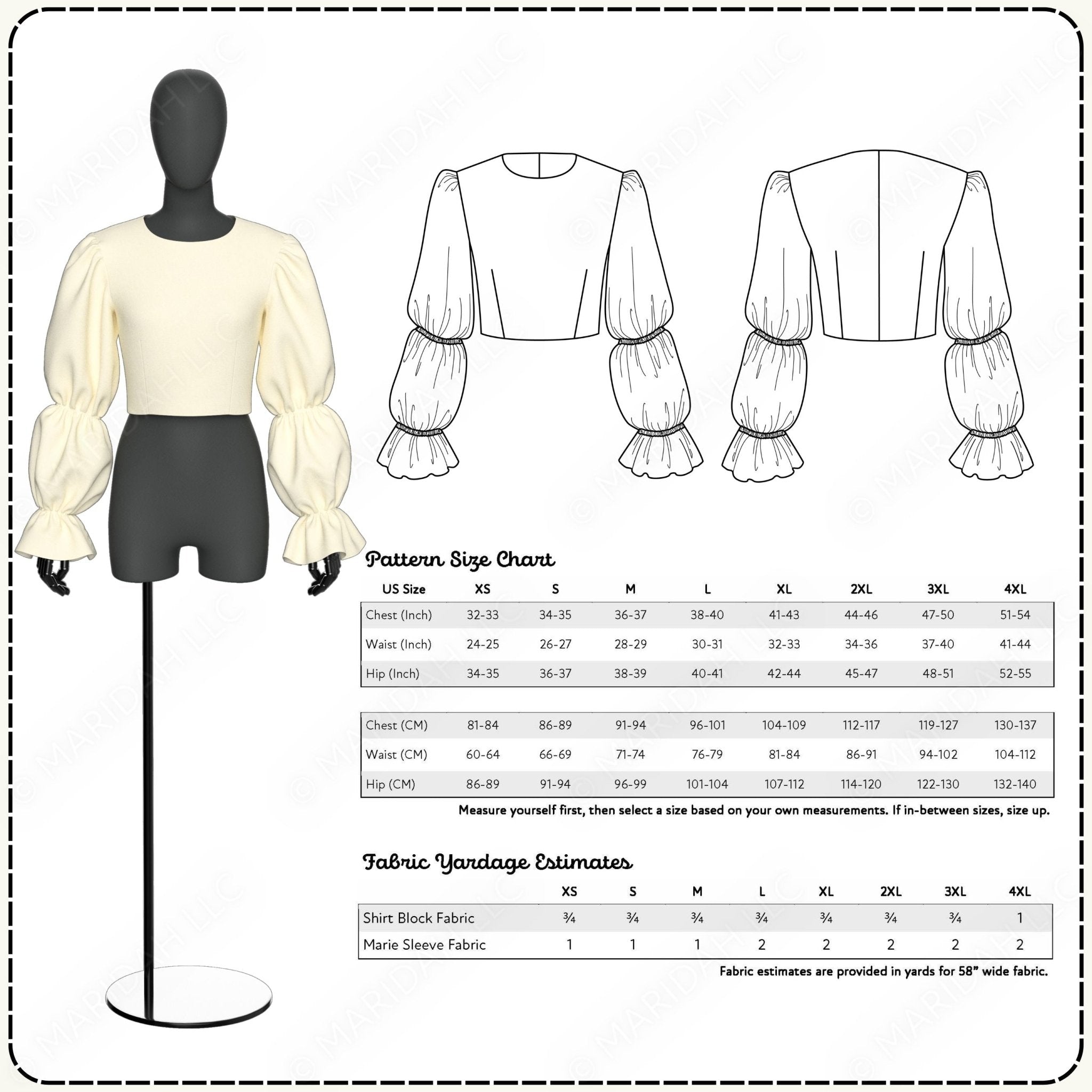 Mannequin wearing a cream blouse with pattern size chart and fabric yardage estimates.