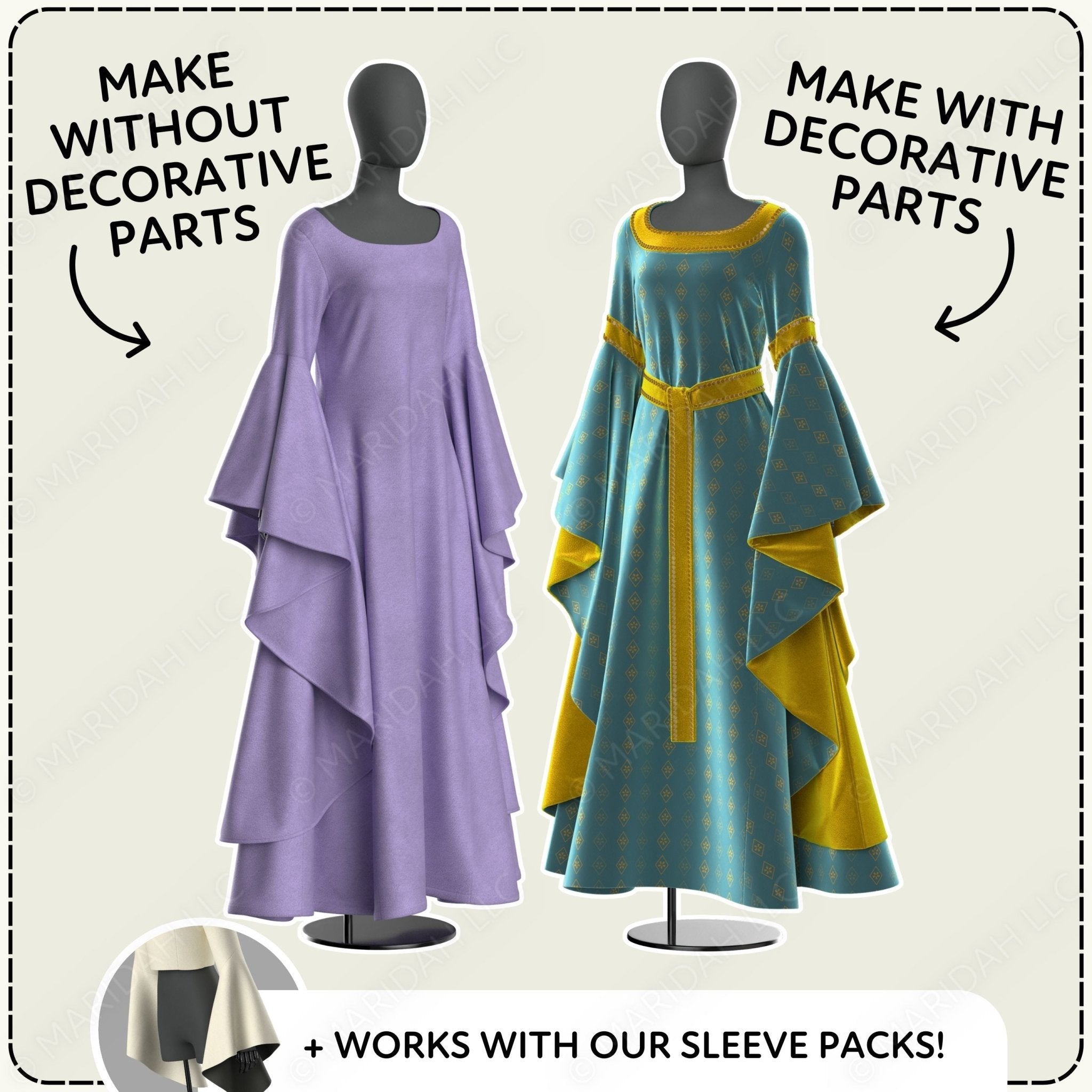 two mannequins wearing dresses, one in purple and the other in blue, with text indicating that the dresses can be made without decorative parts and that they work with sleeve packs.