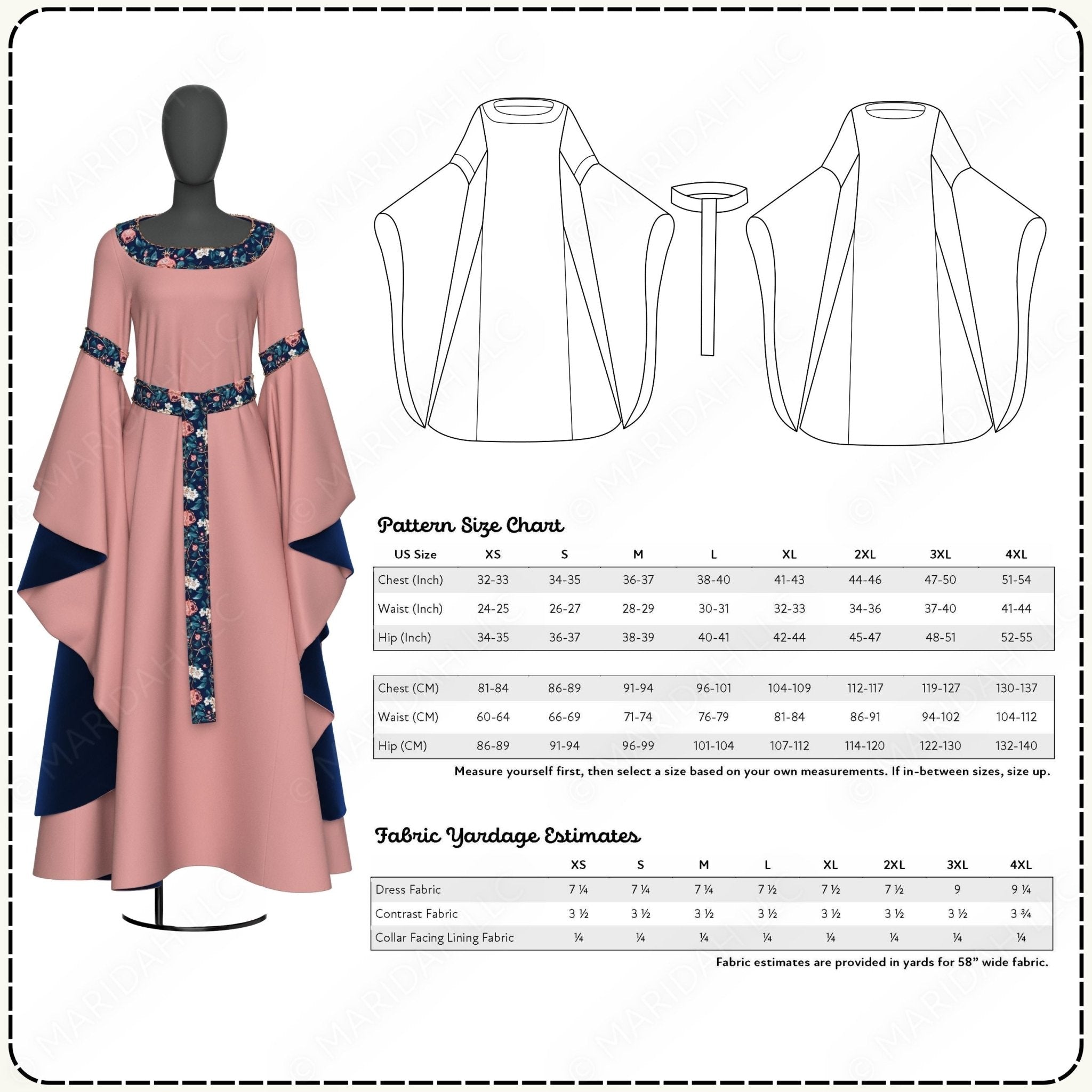 The image is a detailed diagram of a dress pattern, including measurements and fabric yardage. It shows a mannequin wearing a pink dress with a high collar and sleeves, along with a waist and hip measurements chart. The dress fabric is described as yards 5" wide, 6" long, and 7" wide, and the collar facing is described as a 3/8" collar. The fabric yardage is provided in yards 5" wide, 6" long, and 7" wide.
