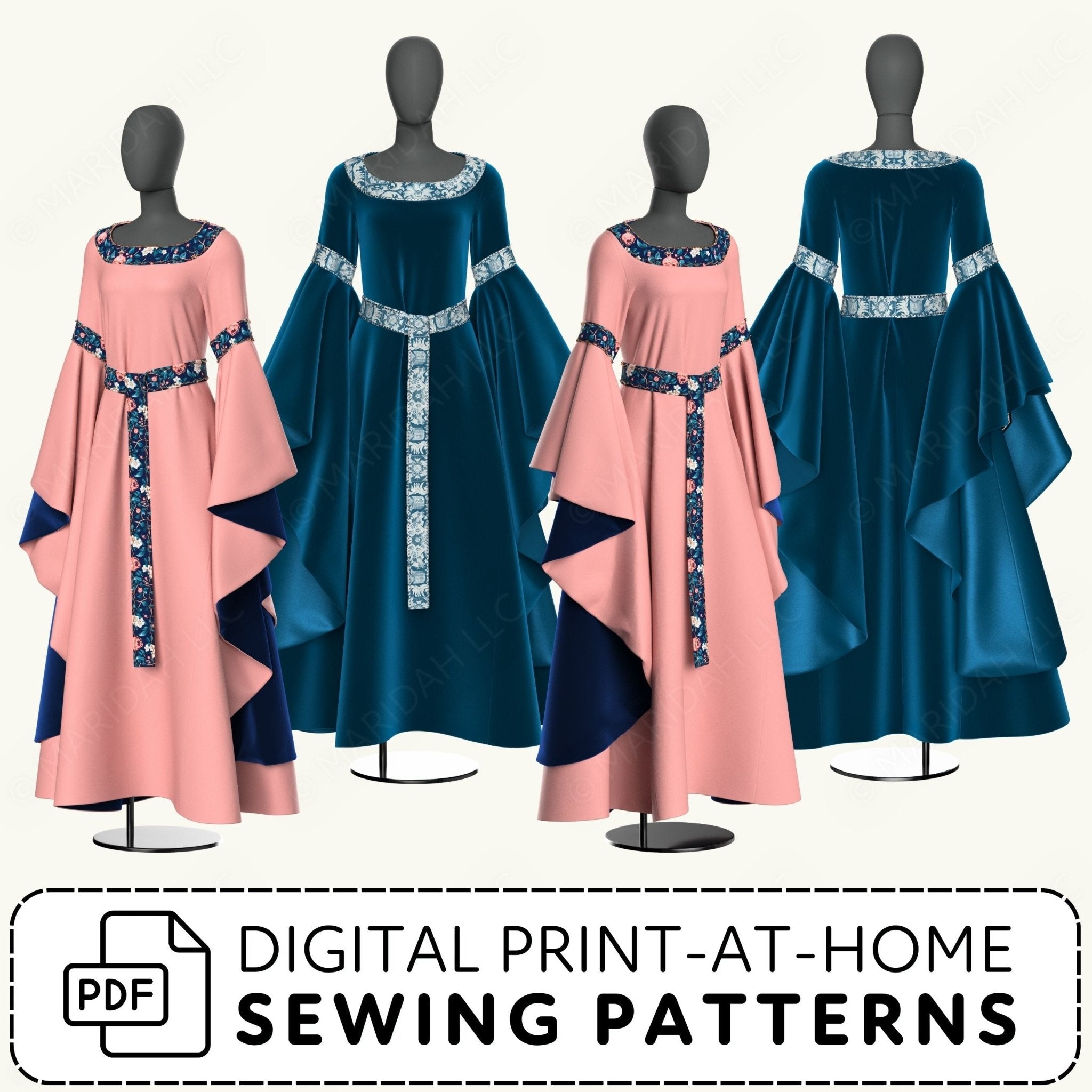 four mannequins wearing elaborate dresses in various colors, including pink, blue, and teal. The dresses have long sleeves and a flowing silhouette, suggesting a historical or fantasy theme. The image also includes text that reads "Digital Print-at-Home Sewing Patterns" and "PDF", indicating that the dresses are available for purchase or download as digital patterns for sewing.