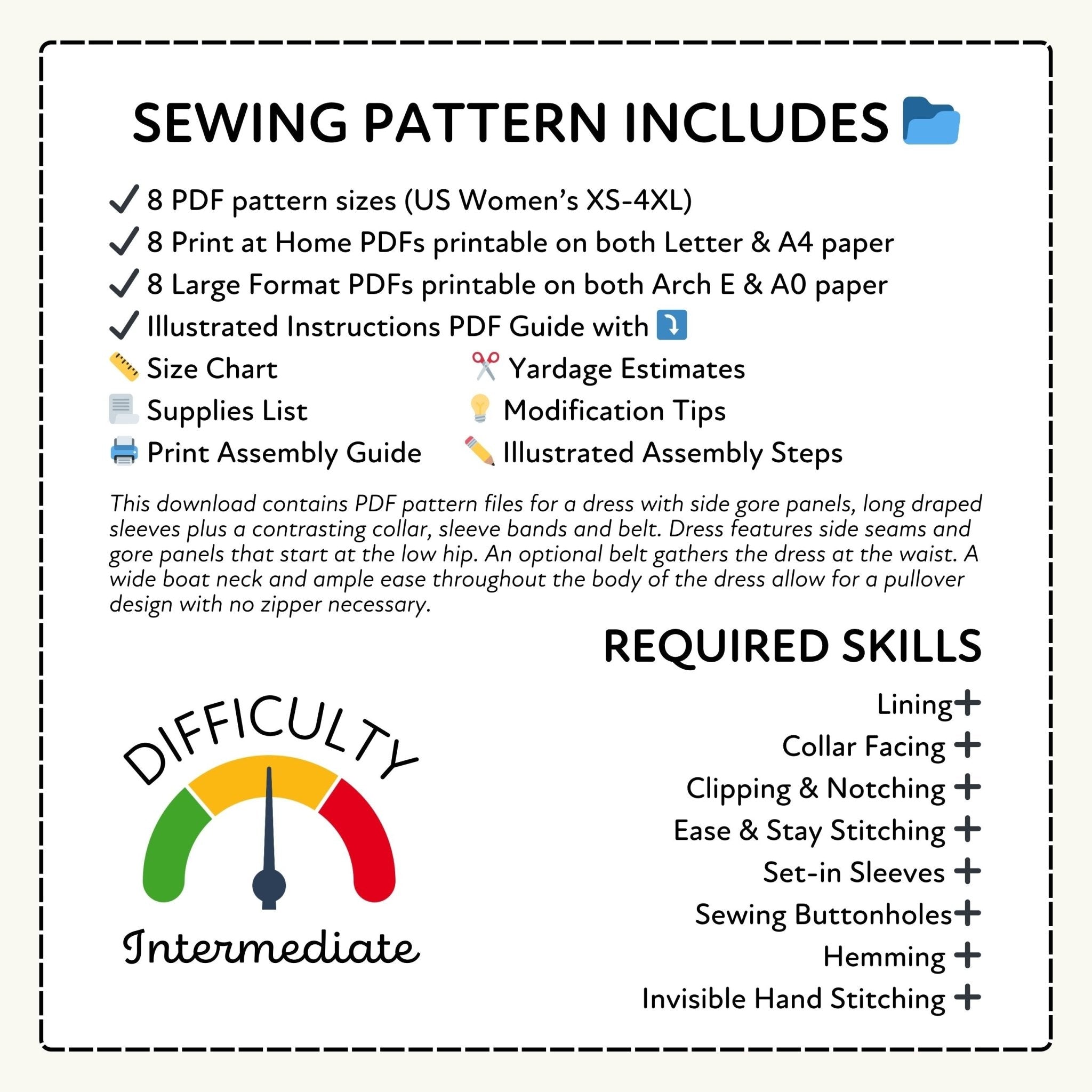 a sewing pattern that includes 8 PDF pattern sizes, 8 Print at Home PDFs, 8 Large Format PDFs, illustrated instructions, a size chart, a yardage estimate, a supplies list, a print assembly guide, and a modification tips.