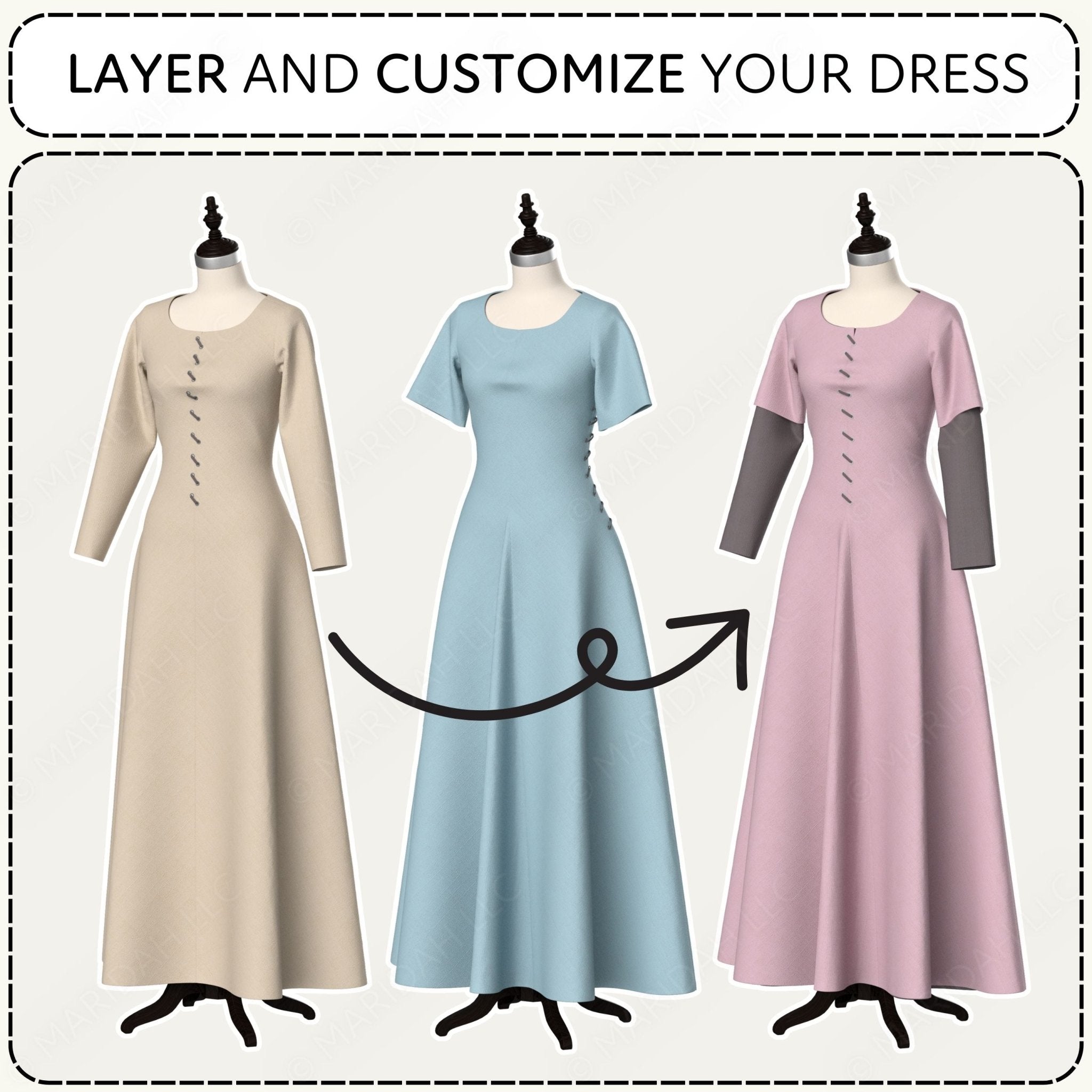 Three dresses on mannequins with text &