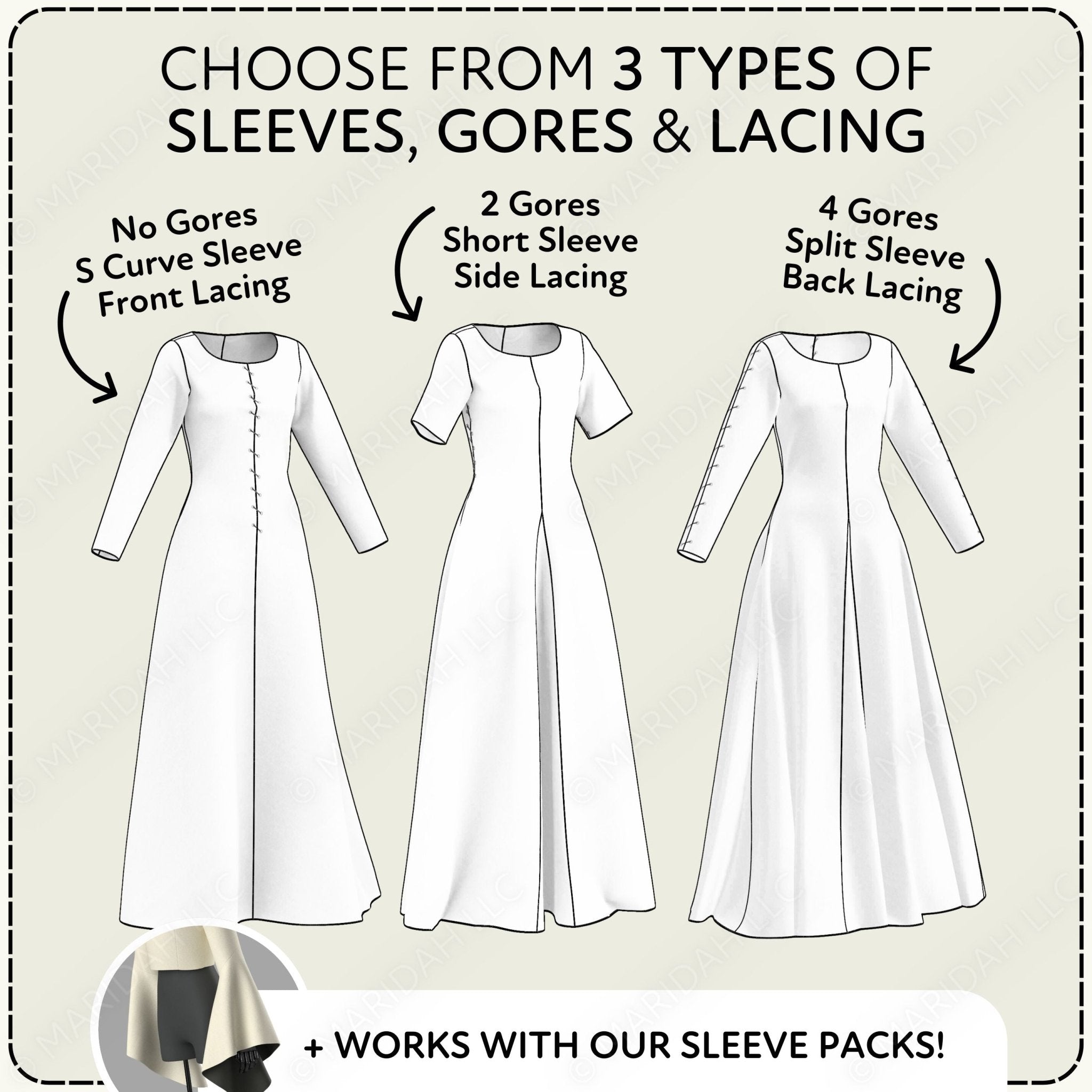 Diagram showing different types of sleeves, gores, and lacing options for a garment design.