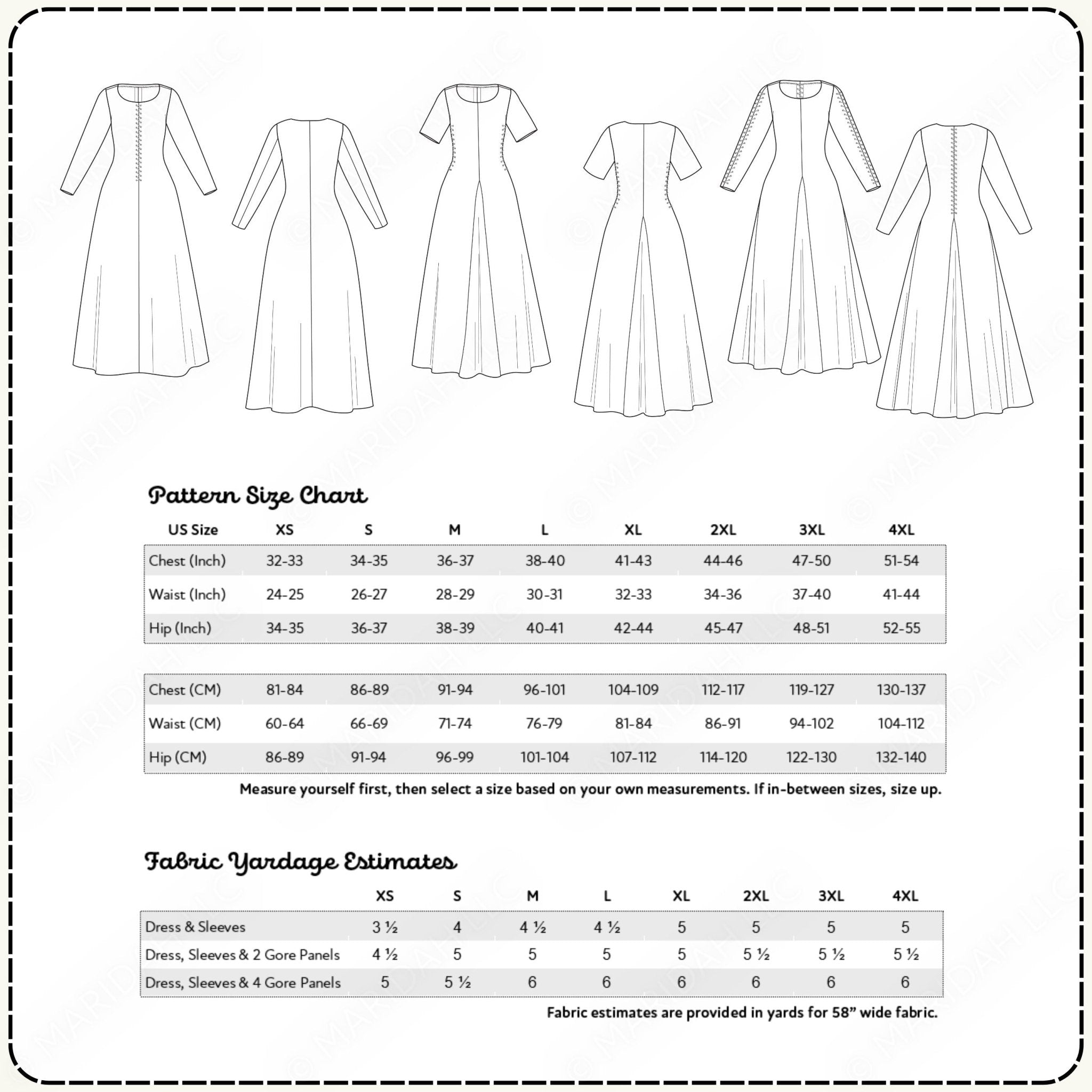 Pattern size chart for a dress with fabric yardage estimates on a white background